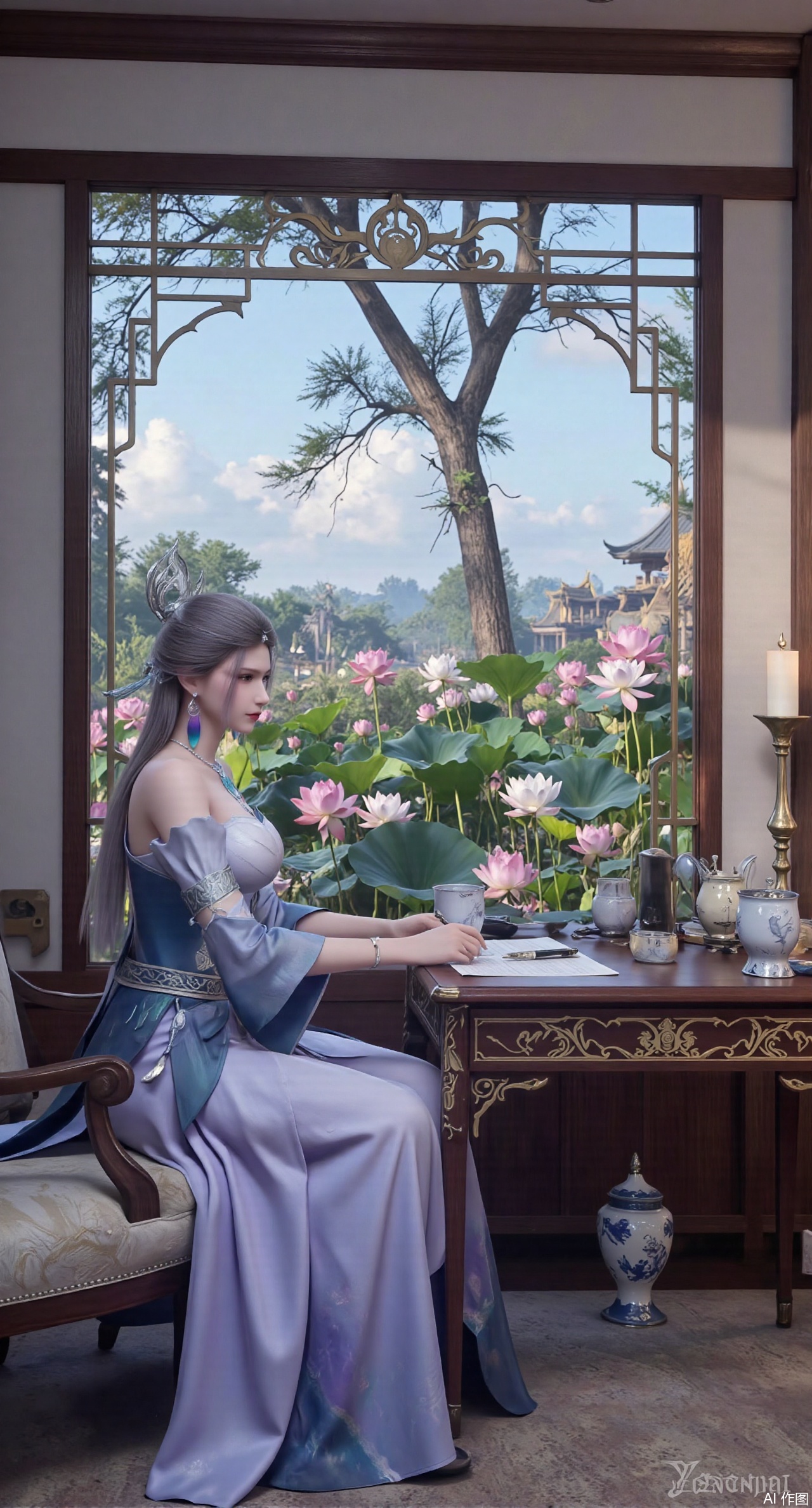 (masterpiece, best quality:1.2),1girl, solo, long dress,Ancient princess's boudoir with bright color palette,,(huge breasts:2.59),(full breasts:2.39), Hanfu-clad maiden sitting by latticed window desk in romantic daydreaming posture, classical Chinese garden through window showcasing lotus pond filled with blooming pink and white lotuses, delicate ink-wash painting style, interior featuring rosewood furniture with mother-of-pearl inlay, silk curtains fluttering in breeze, porcelain stationery set on desk, distant view of curved bridges and pavilions in garden, ultra HD rendering with crisp details on embroidered garments and translucent lotus petals,,(huge breasts:2.99),(full breasts:2.99),,,XyunyunXY,Xmeining,Xjiangziyue,Xweinina,Xyunxiao,Xxiaoqingxue,Xlenhuan
