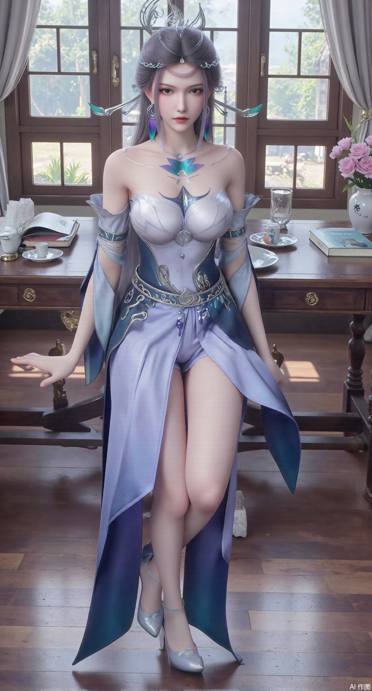 (masterpiece:1.2),Ultra clear, wallpaper, 8k, masterpiece, 1girl, solo, long hair, breasts, looking at viewer, bangs, large breasts,long dress,, bare shoulders, jewelry, black hair, standing, purple eyes, full body, flower, thighs, indoors, hair bun, long dress, high heels, cup, see-through, book, bare legs, window, table, white footwear, standing on one leg, curtains, pink flower, side slit, vase, ,(huge breasts:2.99),(full breasts:2.99),phone screen,XyunyunXY,Xmeining,Xjiangziyue,Xweinina,Xyunxiao,Xxiaoqingxue,Xlenhuan