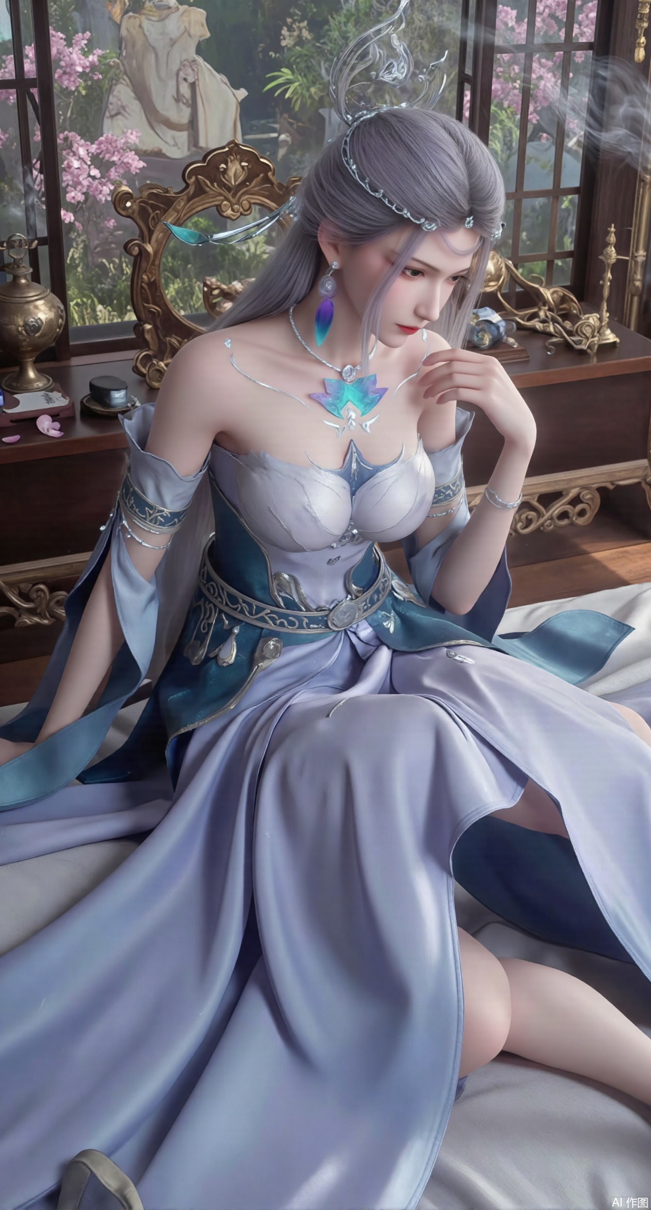 (masterpiece, best quality:1.2),Ancient Chinese boudoir scene, Hanfu dress ,sitting sideways on an intricately carved wooden bed, soft natural light filtering through sheer silk curtains, satin bedding with delicate sheen, detailed traditional Chinese Gongbi painting style, subtle celadon color palette, background featuring vintage dressing table and embroidered screen, falling plum blossom petals near window and wispy smoke from bronze incense burner, 8K resolution with intricate fabric draping and wood grain textures,,(huge breasts:2.99),(full breasts:2.99),XyunyunXY,Xmeining,Xjiangziyue,Xweinina,Xyunxiao,Xxiaoqingxue,Xlenhuan