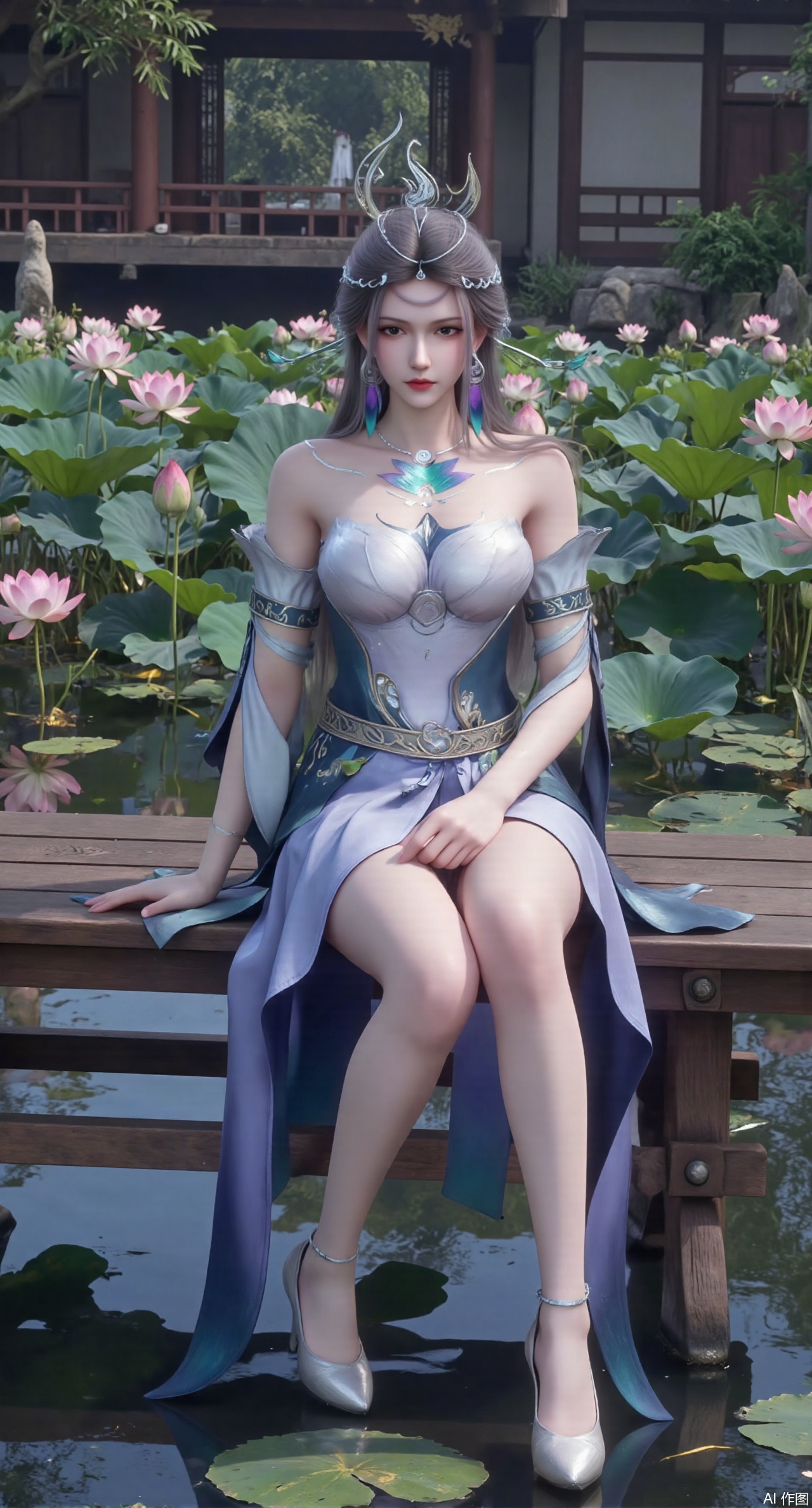 (masterpiece:1.2),best quality,The image is a digital illustration of a young woman sitting on a wooden bench in a pond with lily pads. She is wearing a long dress with design on the chest and sleeves. The dress has a high neckline and short sleeves,Holding a lotus in hand. She has long dark hair styled in loose waves and is wearing gold high heels. The woman is posing with one hand on her hip and the other resting on the edge of the bench. The background is filled with pink and white lotus flowers and green leaves. The overall mood of the image is peaceful and serene,(huge breasts:2.99),(full breasts:2.99),(Background with traditional Chinese architecture, lotus pond and pink lotus flowers:1.39),XyunyunXY,Xmeining,Xjiangziyue,Xweinina,Xyunxiao,Xxiaoqingxue,Xlenhuan