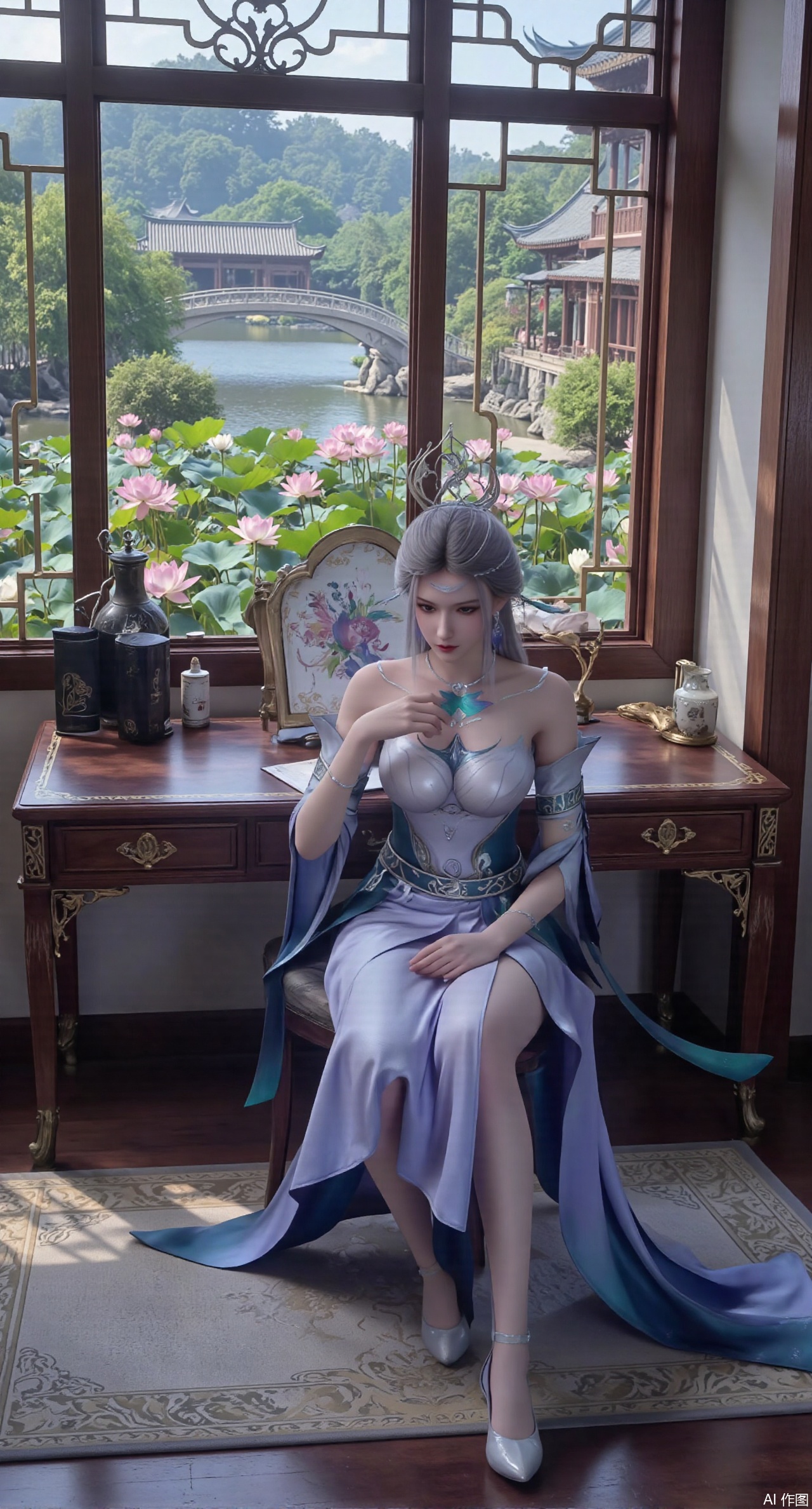 (masterpiece, best quality:1.2),1girl, solo, long dress,Ancient princess's boudoir with bright color palette,,(huge breasts:2.59),(full breasts:2.39), Hanfu-clad maiden sitting by latticed window desk in romantic daydreaming posture, classical Chinese garden through window showcasing lotus pond filled with blooming pink and white lotuses, delicate ink-wash painting style, interior featuring rosewood furniture with mother-of-pearl inlay, silk curtains fluttering in breeze, porcelain stationery set on desk, distant view of curved bridges and pavilions in garden, ultra HD rendering with crisp details on embroidered garments and translucent lotus petals,,(huge breasts:2.99),(full breasts:2.99),,,XyunyunXY,Xmeining,Xjiangziyue,Xweinina,Xyunxiao,Xxiaoqingxue,Xlenhuan