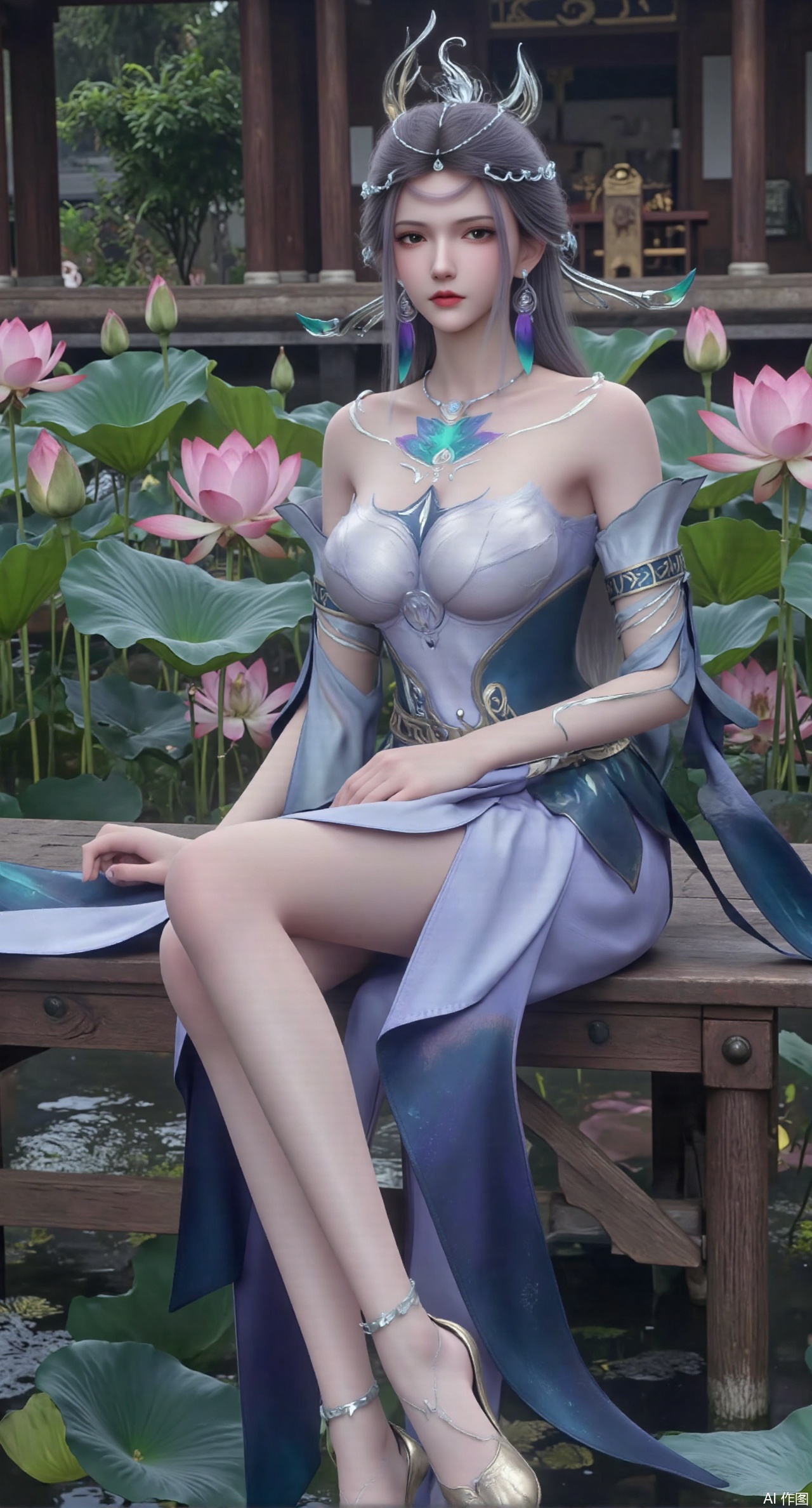 (masterpiece:1.2),best quality,The image is a digital illustration of a young woman sitting on a wooden bench in a pond with lily pads. She is wearing a long dress with design on the chest and sleeves. The dress has a high neckline and short sleeves,Holding a lotus in hand. She has long dark hair styled in loose waves and is wearing gold high heels. The woman is posing with one hand on her hip and the other resting on the edge of the bench. The background is filled with pink and white lotus flowers and green leaves. The overall mood of the image is peaceful and serene,(huge breasts:2.99),(full breasts:2.99),(Background with traditional Chinese architecture, lotus pond and pink lotus flowers:1.39),XyunyunXY,Xmeining,Xjiangziyue,Xweinina,Xyunxiao,Xxiaoqingxue,Xlenhuan
