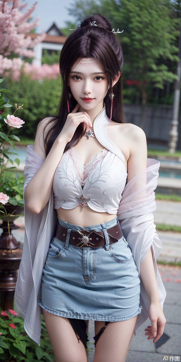  1girl,kind smile, bare_shoulders, belt, blurry, blurry_background, blurry_foreground, branch,  , , collarbone, cosplay_photo, denim, denim_skirt, depth_of_field, hand_on_own_chest, lips, , looking_at_viewer, midriff, miniskirt, motion_blur, navel, outdoors, photo_\(medium\), realistic, skirt, solo, standing, tree,yunyun