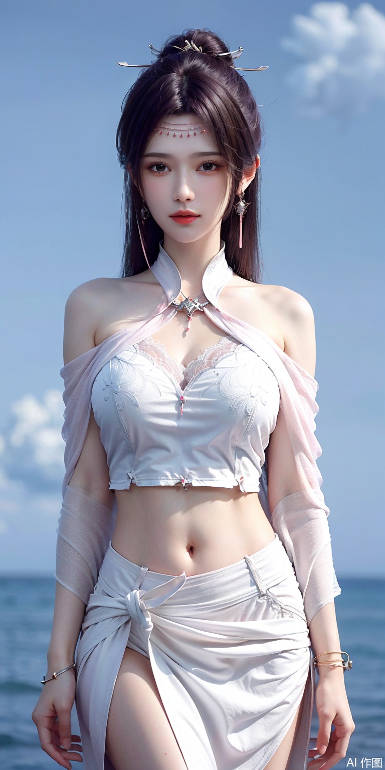 best quality, masterpiece, realistic,cowboy_shot,(Good structure), DSLR Quality,Depth of field,kind smile,looking_at_viewer,Dynamic pose, 
,Short skirt,Blue sky, white clouds, ocean, nai3, 1girl, solo, crop top, , choker, navel, shirt, midriff, crop top overhang, looking at viewer, white shirt, jewelry, breasts, bare shoulders, off-shoulder shirt, off shoulder, black choker, thighs, stomach, long hair, bracelet, short sleeves, ribbon, hand up, collarbone, hair ribbon, medium breasts, , bra strap, , hair ornament, thigh gap, necklace, expressionless,