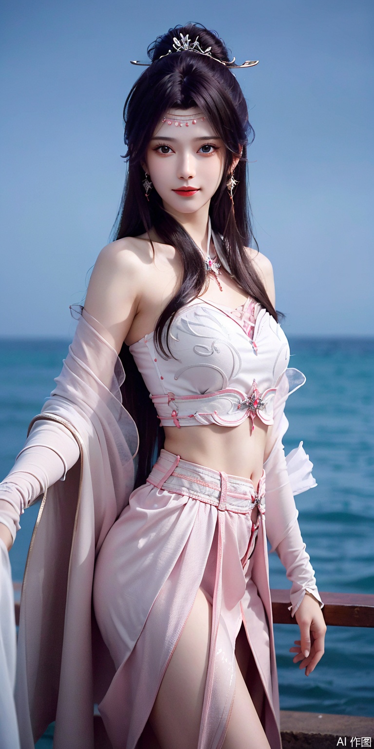 best quality, masterpiece, realistic,cowboy_shot,(Good structure), DSLR Quality,Depth of field,kind smile,looking_at_viewer,Dynamic pose, 
1girl, solo, long hair, , looking at viewer, skirt, hair ornament, bare shoulders, jewelry, , black hair, earrings, outdoors, midriff, water, necklace, lips, crop top, grey eyes, leaning forward, ocean, white skirt, strapless vest, sunset, sun,yunyun