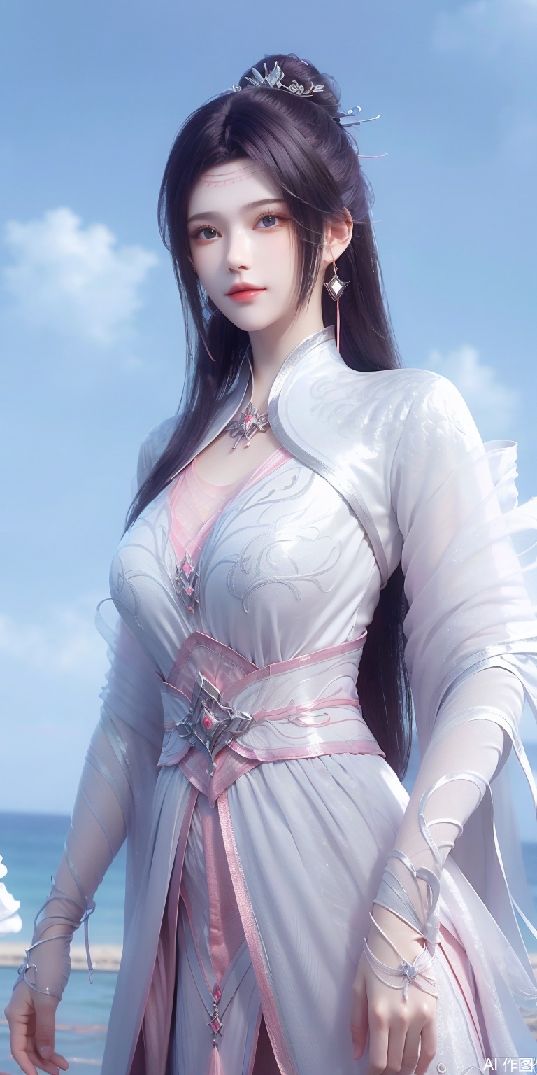best quality, masterpiece, realistic,cowboy short,(Good structure), DSLR Quality,Depth of field,kind smile,looking_at_viewer,Dynamic pose, , Blue sky and white clouds on the beach,Masterpiece, (ultra wide angle lens: 1.2), Unity8k wallpaper, best quality, (detail shadow: 1.1), a beautiful girl, on a sea of light blue silk, translucent silk, floating light blue silk, surrealist style, minimalism, highly detailed texture, light blue, white clean background, CG rendering, light passing through clouds, 8k resolution, (motion photo: 1.2), (Fidelity: 1.4), original photos, movie lighting, 1girl,, , ,kind smile, , weddingdress,yunyun