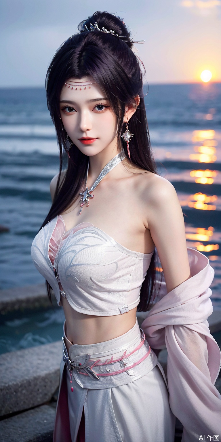 best quality, masterpiece, realistic,cowboy_shot,(Good structure), DSLR Quality,Depth of field,kind smile,looking_at_viewer,Dynamic pose, 
1girl, solo, long hair, , looking at viewer, skirt, hair ornament, bare shoulders, jewelry, , black hair, earrings, outdoors, midriff, water, necklace, lips, crop top, grey eyes, leaning forward, ocean, white skirt, strapless vest, sunset, sun,yunyun