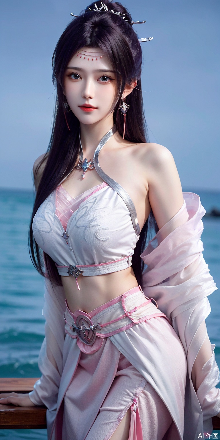 best quality, masterpiece, realistic,cowboy_shot,(Good structure), DSLR Quality,Depth of field,kind smile,looking_at_viewer,Dynamic pose, 
1girl, solo, long hair, , looking at viewer, skirt, hair ornament, bare shoulders, jewelry, , black hair, earrings, outdoors, midriff, water, necklace, lips, crop top, grey eyes, leaning forward, ocean, white skirt, strapless vest, sunset, sun,yunyun