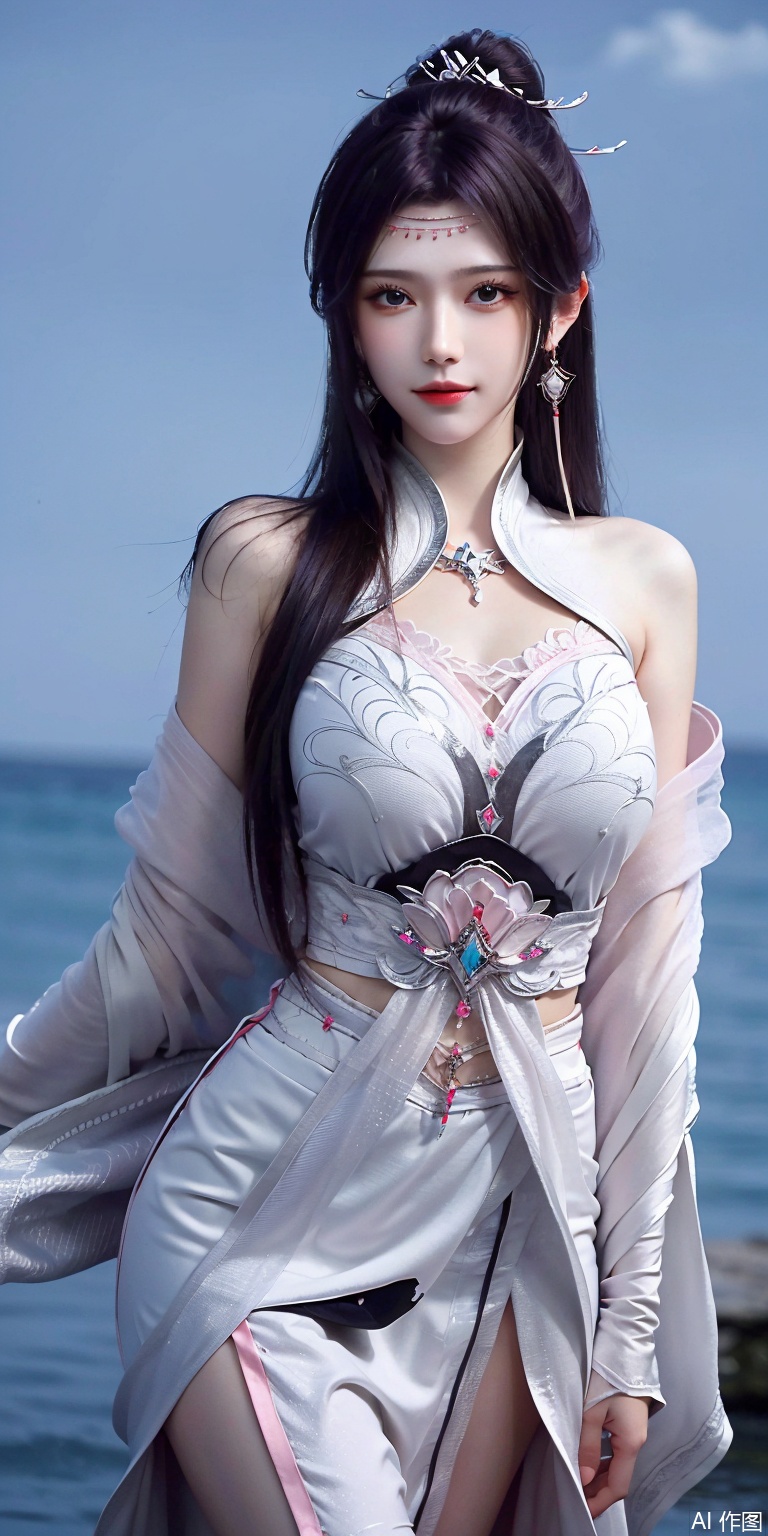 best quality, masterpiece, realistic,cowboy_shot,(Good structure), DSLR Quality,Depth of field,kind smile,looking_at_viewer,Dynamic pose, 
1girl, solo, long hair, , looking at viewer, skirt, hair ornament, bare shoulders, jewelry, , black hair, earrings, outdoors, midriff, water, necklace, lips, crop top, grey eyes, leaning forward, ocean, white skirt, strapless vest, sunset, sun,yunyun