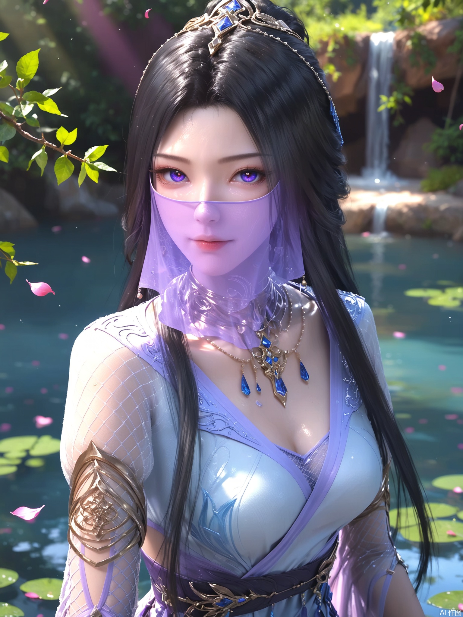 score_9,score_8_up,score_7_up,1girl,looking_at_viewer,realistic,1girl,Vivid Colors,bright environment,sunshine,god light,delicate water,hair_ornament,shiny skin,shiny hair,reflection,(wariza:1.2),dress,flower sea,falling petals,extreme detail description,bright sunlight,frontal lighting,(upper body:1),put one hand on your side,hair,long_hair,(skindentation:1.3),Fishnet stockings,black hair,sunshine on face,bright_pupils,veil,light_purple_eyes