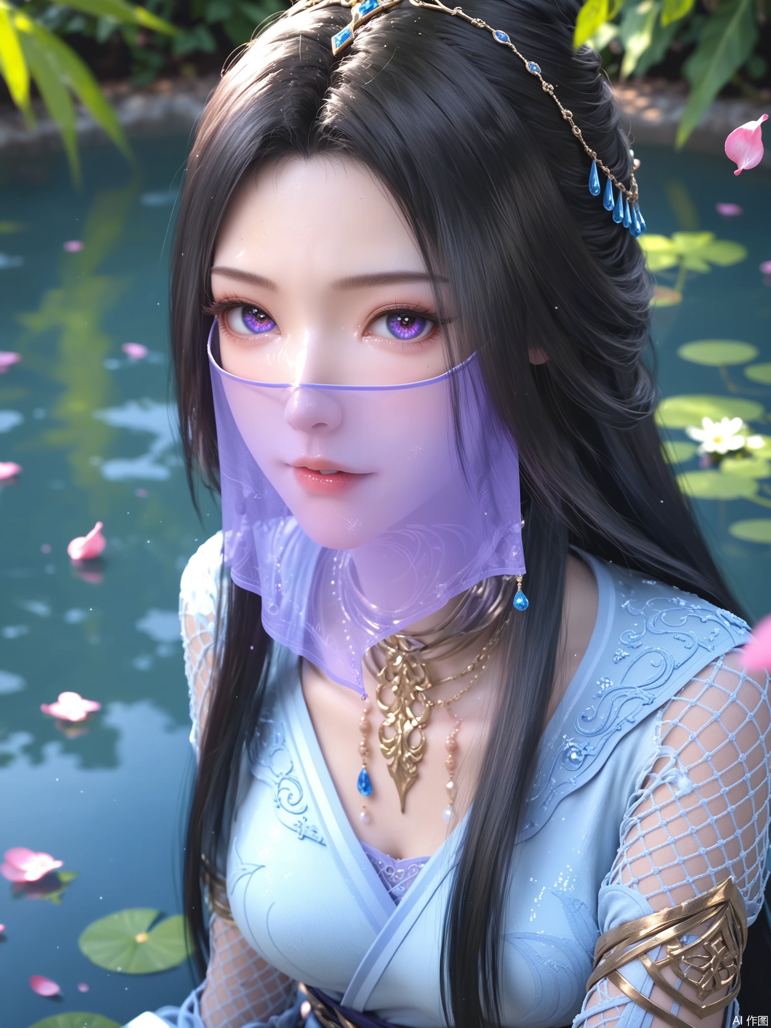 score_9,score_8_up,score_7_up,1girl,looking_at_viewer,realistic,1girl,Vivid Colors,bright environment,sunshine,god light,delicate water,hair_ornament,shiny skin,shiny hair,reflection,(wariza:1.2),dress,flower sea,falling petals,extreme detail description,bright sunlight,frontal lighting,(upper body:1),put one hand on your side,hair,long_hair,(skindentation:1.3),Fishnet stockings,black hair,sunshine on face,bright_pupils,veil,light_purple_eyes
