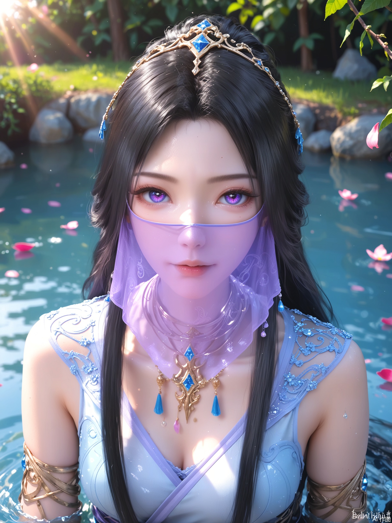 score_9,score_8_up,score_7_up,1girl,looking_at_viewer,realistic,1girl,Vivid Colors,bright environment,sunshine,god light,delicate water,hair_ornament,shiny skin,shiny hair,reflection,(wariza:1.2),dress,flower sea,falling petals,extreme detail description,bright sunlight,frontal lighting,(upper body:1),put one hand on your side,hair,long_hair,(skindentation:1.3),Fishnet stockings,black hair,sunshine on face,bright_pupils,veil,light_purple_eyes