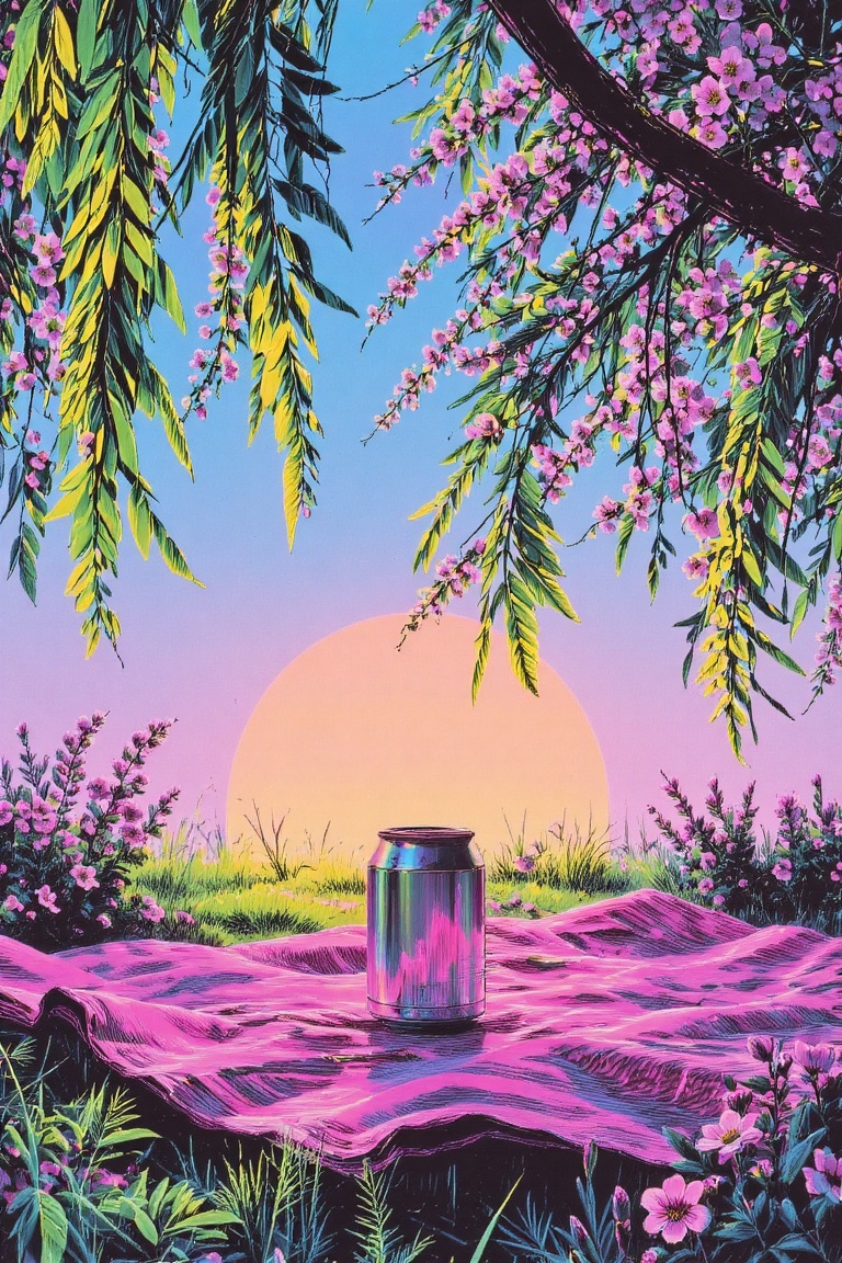 An 80s vintage airbrushed style illustration of a peaceful picnic. A metallic can stands out against a soft,  pastel backg...