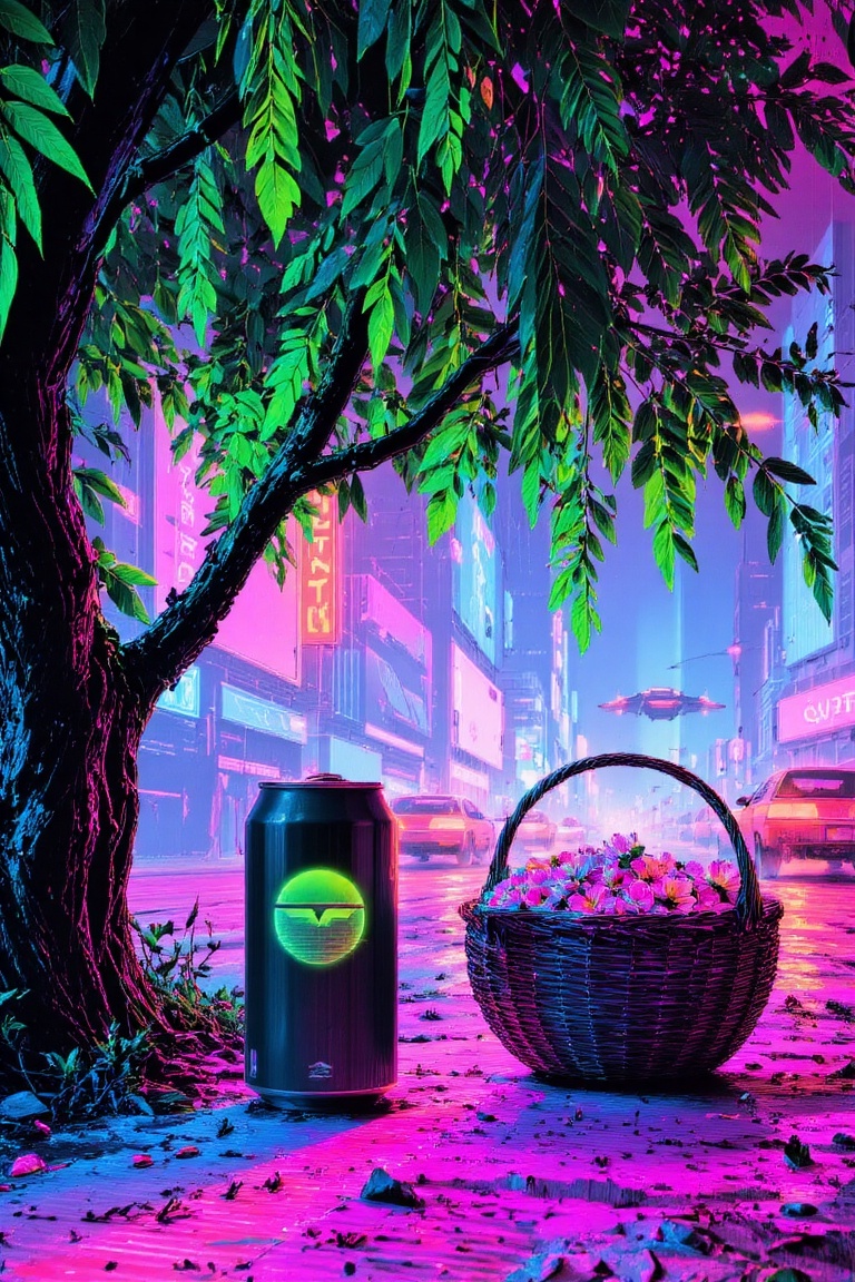 A futuristic cyberpunk picnic setting under a digital willow tree. The tree's leaves are neon green data streams. A sleek,...