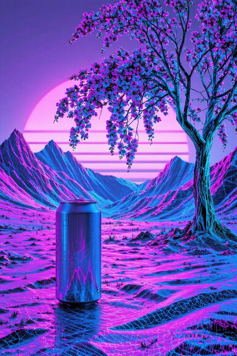 A mesmerizing retrowave picnic scene featuring a chrome soda can with condensation droplets,  resting on a neon-grid blank...
