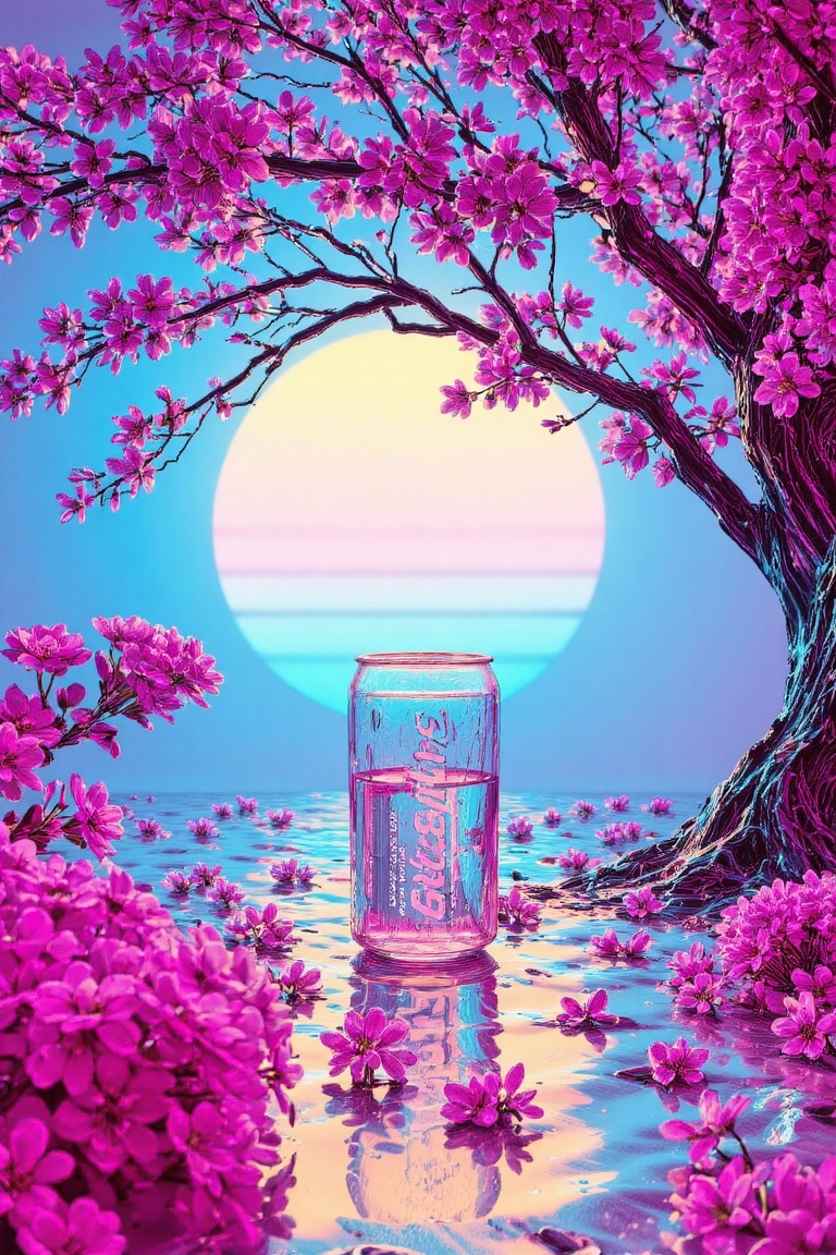 A surreal glass-art composition evoking a nostalgic retro atmosphere. A translucent glass beverage can sits on a reflectiv...