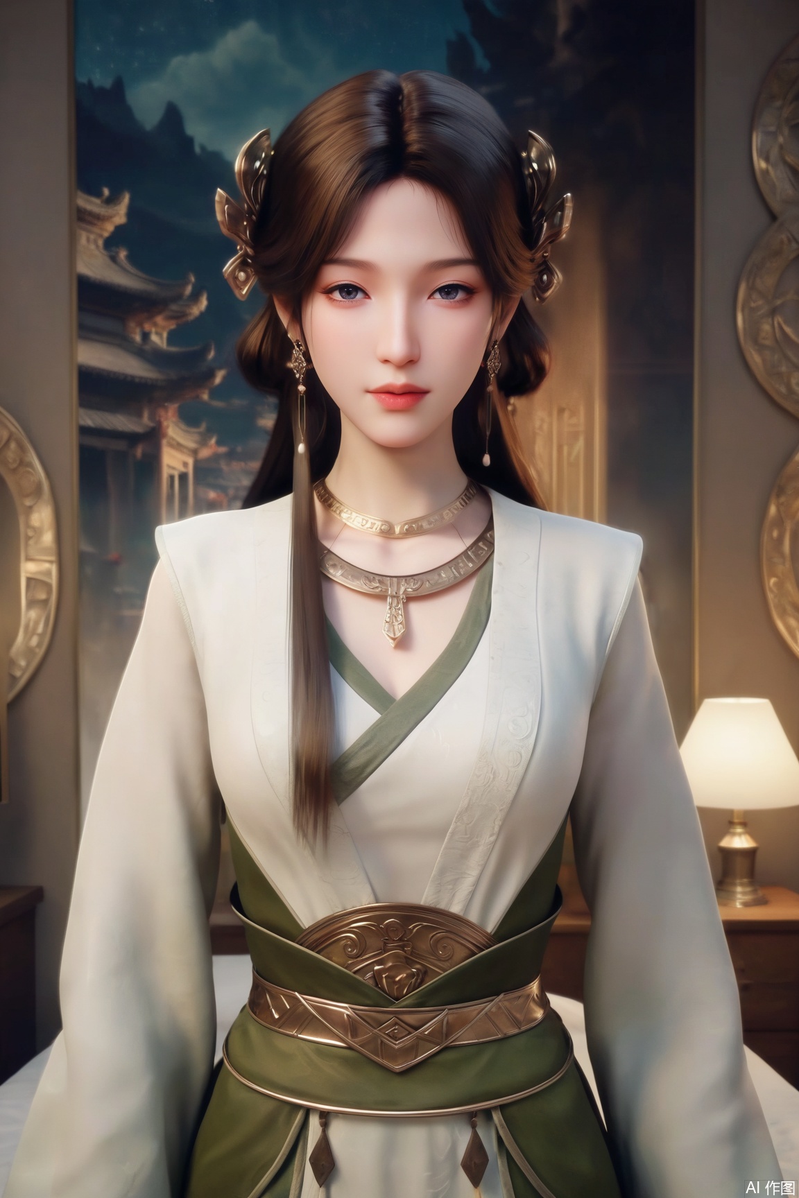 score_9, score_8_up, score_7_up,CG,3D,
1girl, solo, long hair, brown hair, hair ornament, white skin,translucent,pale skin,long sleeves, dress, jewelry, upper body, earrings, necklace, chinese clothes, hanfu, bed,lamp, indoors,Chinese ancient architecture,National Customs,
masterpiece,best quality,good quality,very aesthetic,A shot with tension,impactful picture,offcial art,movie perspective,masterpiece,facing the lens,best quality,very aesthetic,extremely delicate and beautiful,huge filesize,amazing quality,32K UHD,