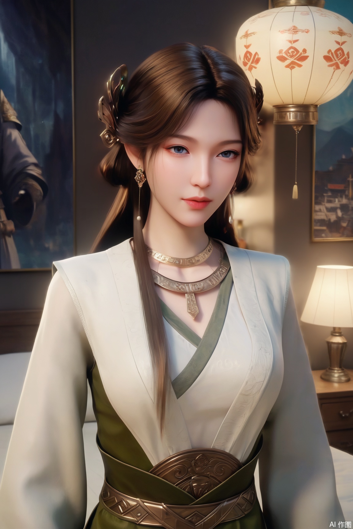score_9, score_8_up, score_7_up,CG,3D,
1girl, solo, long hair, brown hair, hair ornament, long sleeves, dress, jewelry, upper body, earrings, necklace, chinese clothes, hanfu, bed,lamp, indoors,Chinese ancient architecture,National Customs,
masterpiece,best quality,good quality,very aesthetic,A shot with tension,impactful picture,offcial art,movie perspective,masterpiece,facing the lens,best quality,very aesthetic,extremely delicate and beautiful,huge filesize,amazing quality,32K UHD,