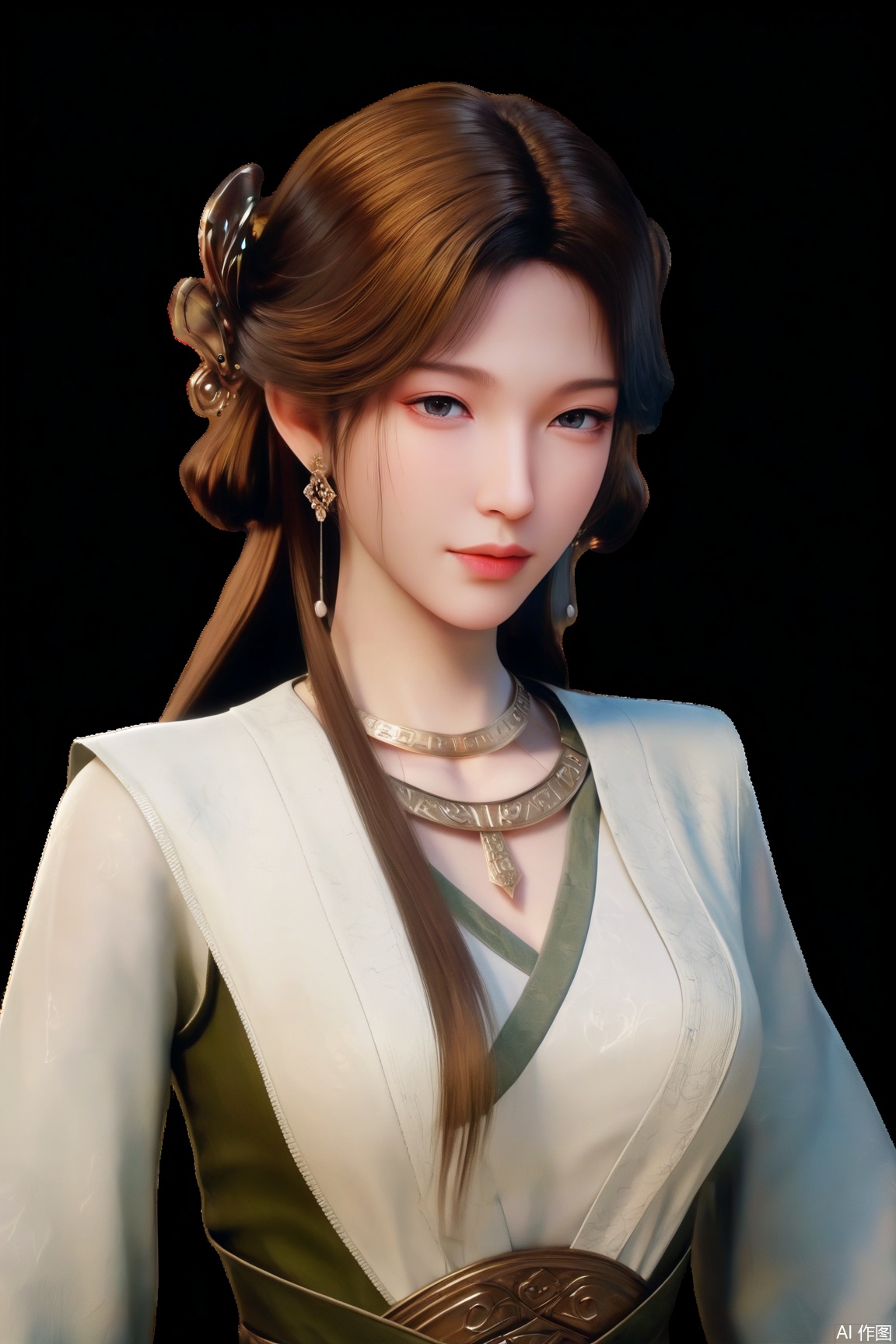 score_9, score_8_up, score_7_up,CG,3D,
1girl, solo, long hair, looking at viewer,brown hair, hair ornament, white skin,translucent,pale skin,long sleeves, dress, jewelry, upper body, earrings, necklace, chinese clothes, hanfu, black background,,
masterpiece,best quality,good quality,very aesthetic,A shot with tension,impactful picture,offcial art,movie perspective,masterpiece,facing the lens,best quality,very aesthetic,extremely delicate and beautiful,huge filesize,amazing quality,32K UHD,