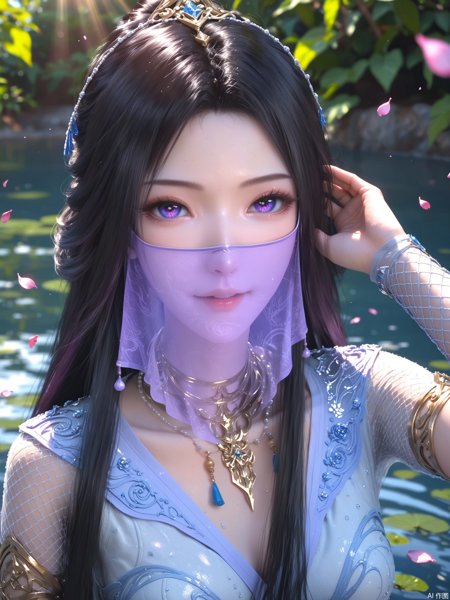 score_9,score_8_up,score_7_up,1girl,looking_at_viewer,realistic,1girl,Vivid Colors,bright environment,sunshine,god light,delicate water,hair_ornament,shiny skin,shiny hair,reflection,(wariza:1.2),dress,flower sea,falling petals,extreme detail description,bright sunlight,frontal lighting,(upper body:1),put one hand on your side,hair,long_hair,(skindentation:1.3),Fishnet stockings,black hair,sunshine on face,bright_pupils,veil,light_purple_eyes