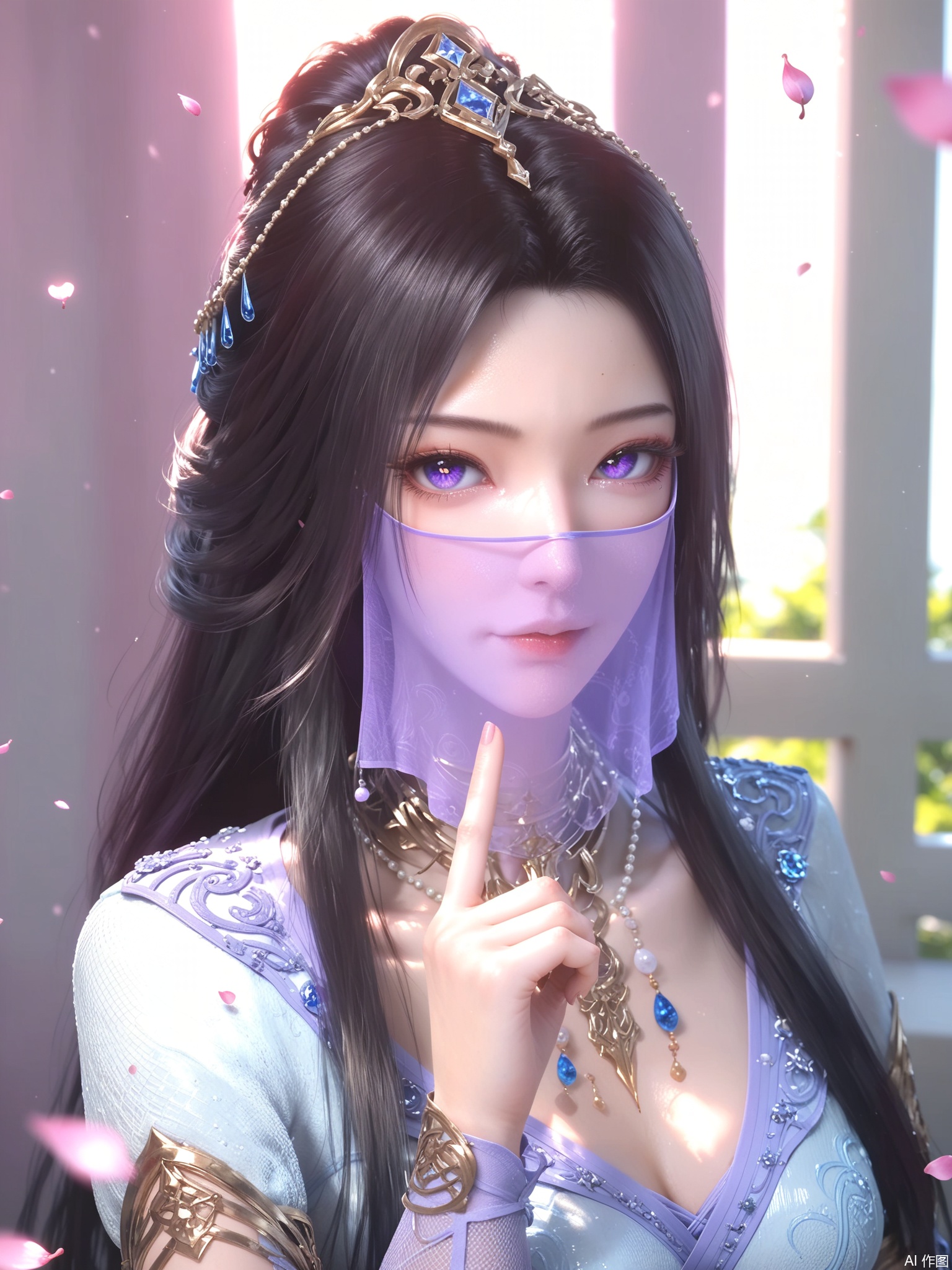 score_9,score_8_up,score_7_up,1girl,looking_at_viewer,realistic,1girl,Vivid Colors,bright environment,sunshine,god light,delicate water,hair_ornament,shiny skin,shiny hair,reflection,(wariza:1.2),dress,flower sea,falling petals,extreme detail description,bright sunlight,frontal lighting,(upper body:1),put one hand on your side,hair,long_hair,(skindentation:1.3),Fishnet stockings,black hair,sunshine on face,bright_pupils,veil,light_purple_eyes