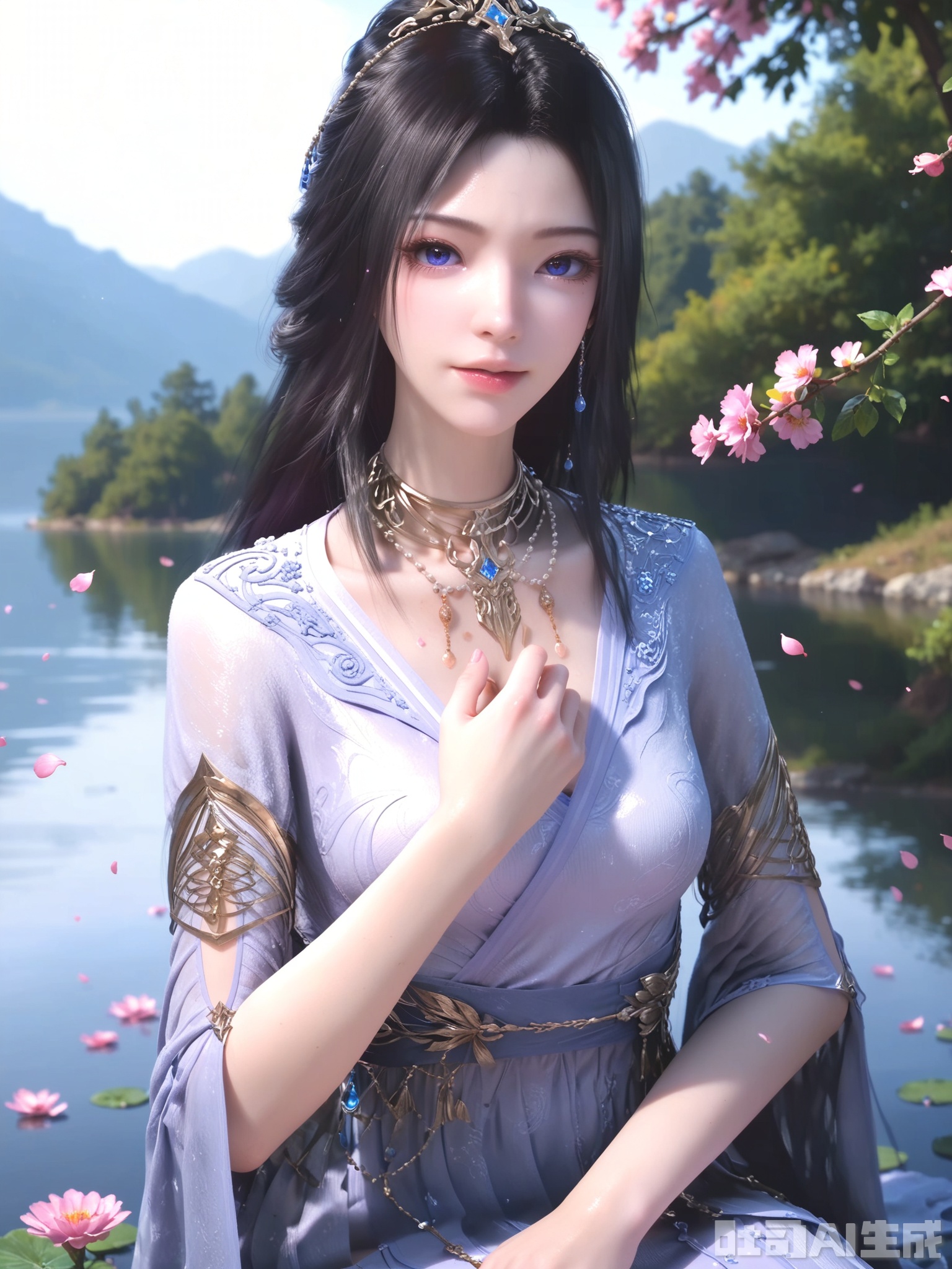 score_9,score_8_up,score_7_up,1girl,looking_at_viewer,realistic,1girl,Vivid Colors,bright environment,sunshine,god light,lake,delicate water surface,shiny skin,shiny hair,reflection,(wariza:1.2),dress,jewelry,flower sea,falling petals,extreme detail description,bright sunlight,frontal lighting,(upper body:1),put one hand on your chest,black-hair,veilsitting_down
