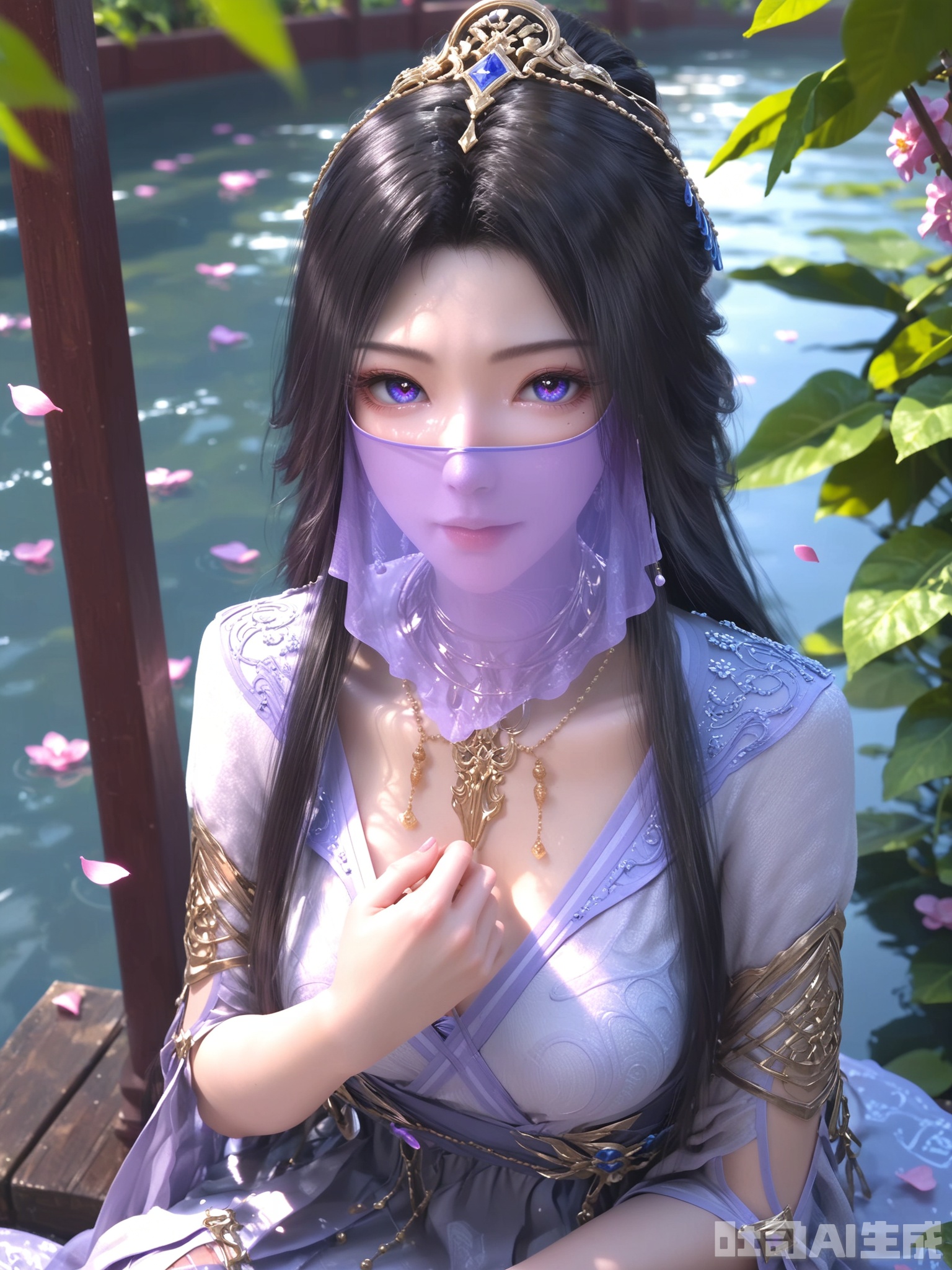 示词score_9,score_8_up,score_7_up,1girl,looking_at_viewer,realistic,1girl,Vivid Colors,bright environment,sunshine,god light,delicate water,hair_ornament,shiny skin,shiny hair,reflection,(wariza:1.2),dress,flower sea,falling petals,extreme detail description,bright sunlight,frontal lighting,(upper body:1),put one hand on your chest,hair,long_hair,(skindentation:1.3),Fishnet stockings,black hair,sunshine on face,bright_pupils,veil,light_purple_eyes,sitting_down