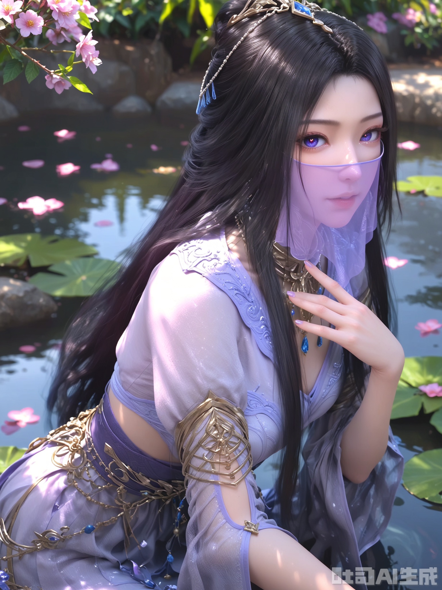 示词score_9,score_8_up,score_7_up,1girl,looking_at_viewer,realistic,1girl,Vivid Colors,bright environment,sunshine,god light,delicate water,hair_ornament,shiny skin,shiny hair,reflection,(wariza:1.2),dress,flower sea,falling petals,extreme detail description,bright sunlight,frontal lighting,(upper body:1),put one hand on your chest,hair,long_hair,(skindentation:1.3),Fishnet stockings,black hair,sunshine on face,bright_pupils,veil,light_purple_eyes,sitting_down