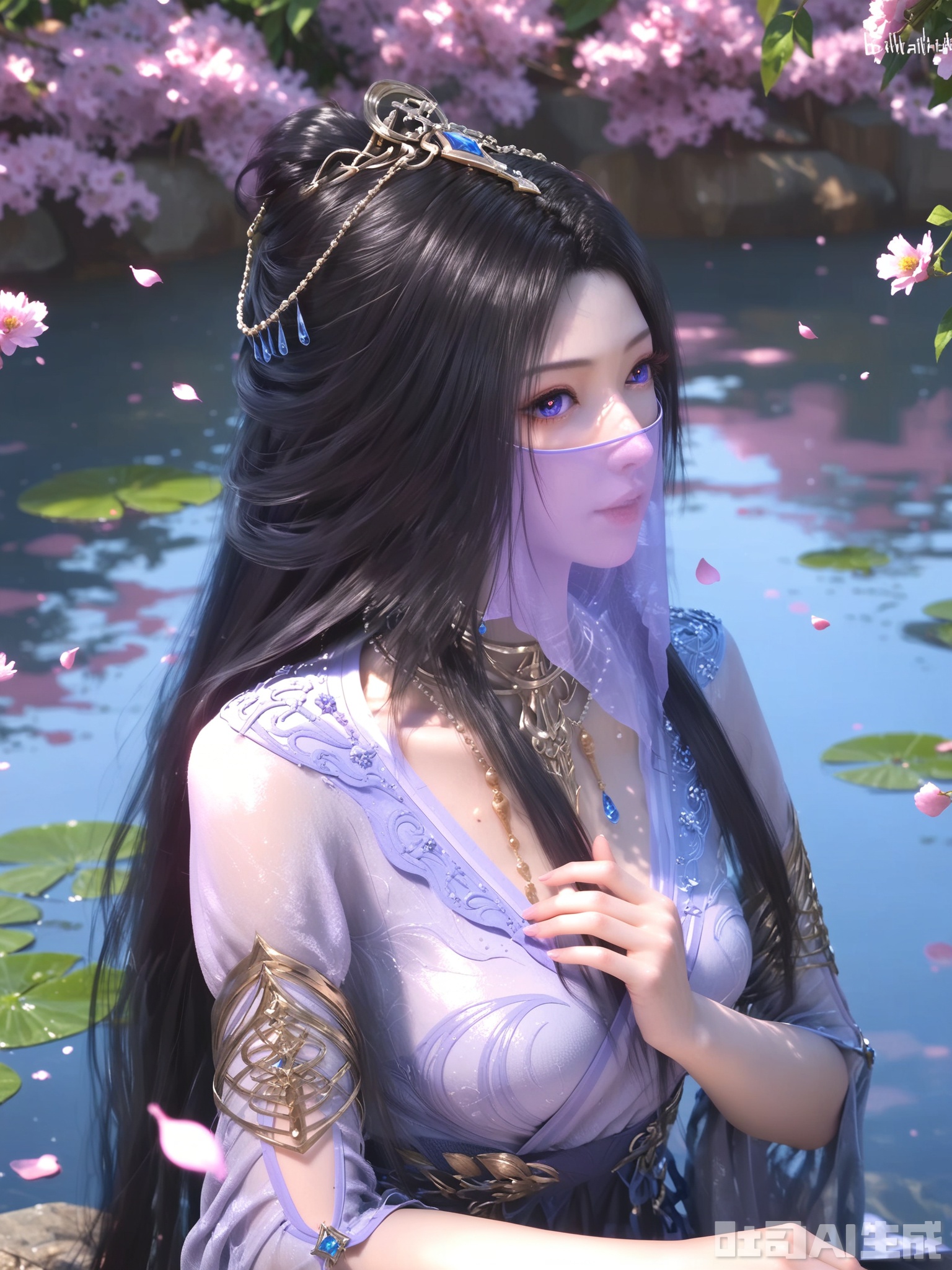 示词score_9,score_8_up,score_7_up,1girl,looking_at_viewer,realistic,1girl,Vivid Colors,bright environment,sunshine,god light,delicate water,hair_ornament,shiny skin,shiny hair,reflection,(wariza:1.2),dress,flower sea,falling petals,extreme detail description,bright sunlight,frontal lighting,(upper body:1),put one hand on your chest,hair,long_hair,(skindentation:1.3),Fishnet stockings,black hair,sunshine on face,bright_pupils,veil,light_purple_eyes,sitting_down