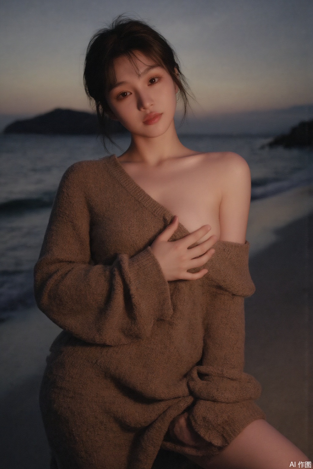 1girl, solo, breasts, short hair, brown hair, black hair, off shoulder, lips, head tilt, realistic