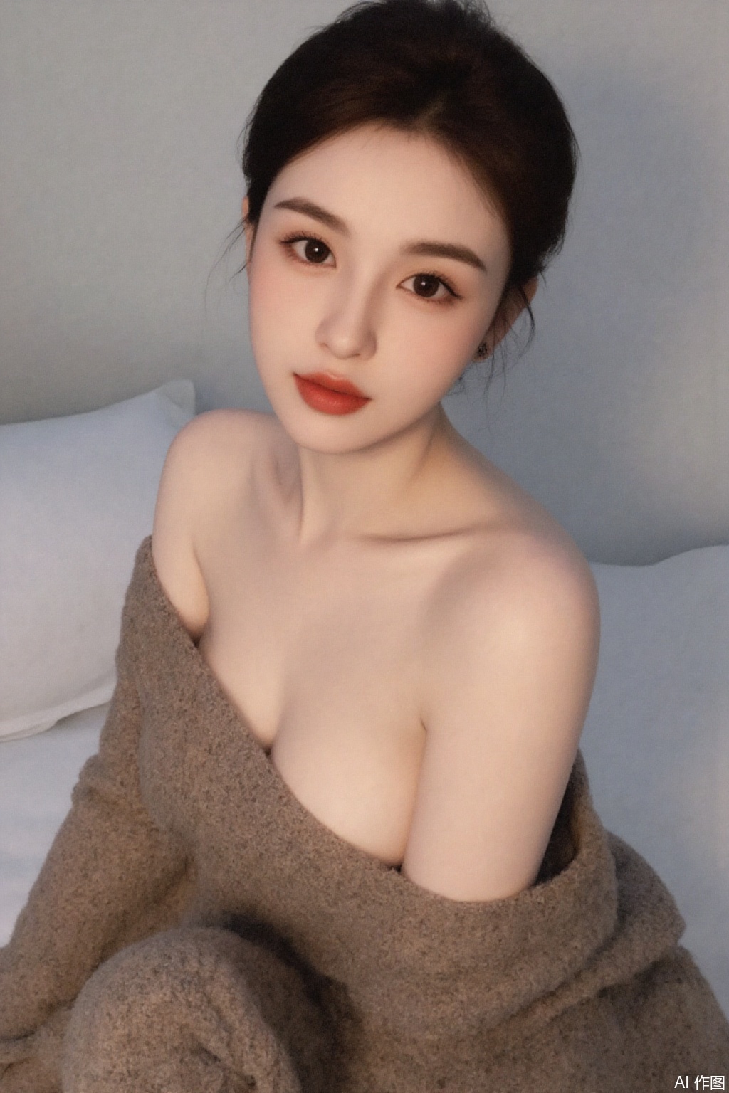 1girl, solo, breasts, short hair, brown hair, black hair, off shoulder, lips, head tilt, realistic