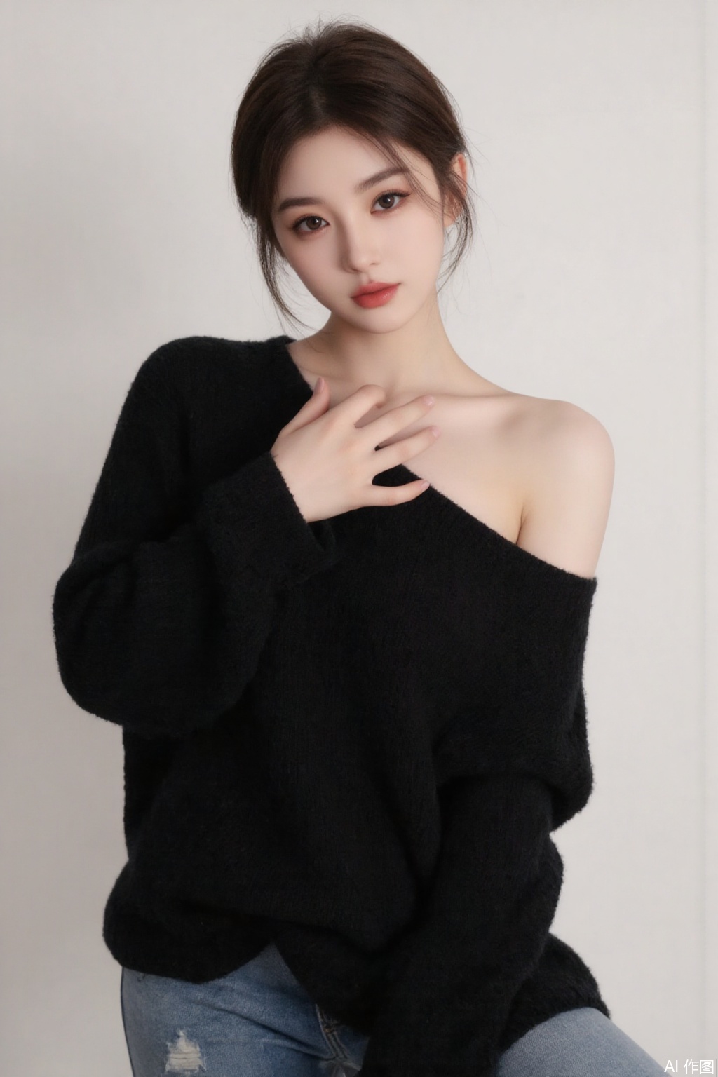 1girl, solo, breasts, short hair, brown hair, black hair, off shoulder, lips, head tilt, realistic