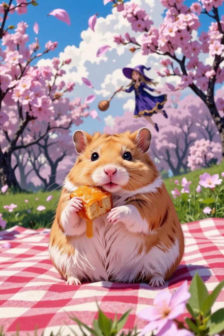 A macro photography masterpiece focusing on a round,  magical hamster sitting on a red and white checkered picnic blanket....