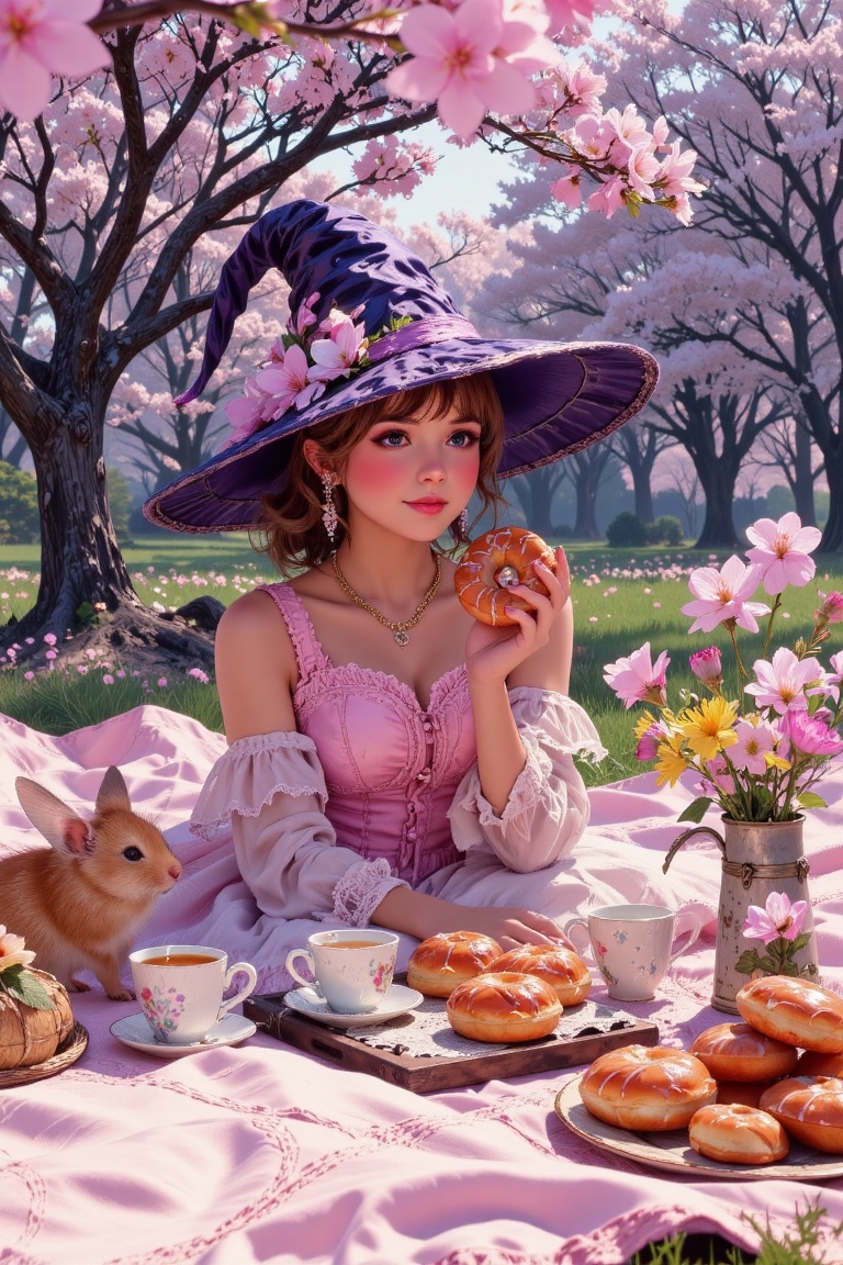 A hyper-realistic,  vibrant cinematic shot of a cute witch girl enjoying a lavish spring picnic beneath blooming sakura tr...