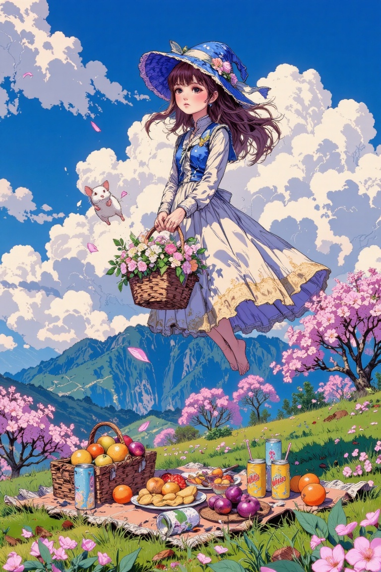An enchanting fantasy illustration of a young witch girl flying gently above a lush grassy hill,  her dress billowing in t...
