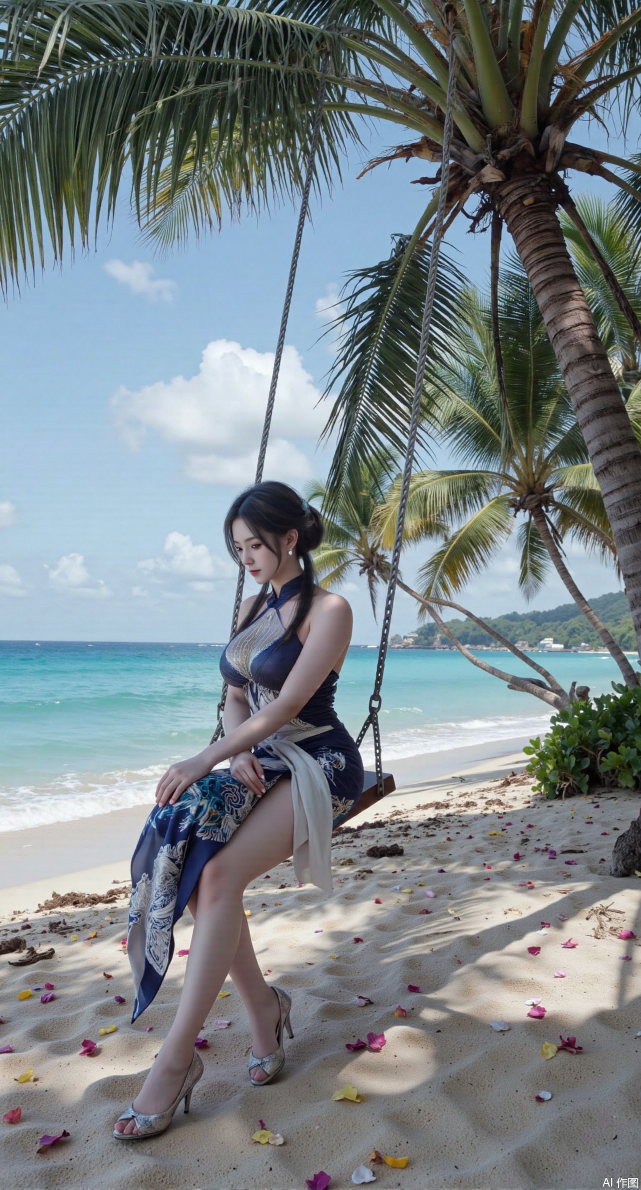 (masterpiece:1.2),best quality,absurdres,masterpiece,original,extremely detailed wallpaper,perfect lighting,Golden sandy beach covered with vibrant flowers, turquoise waves gently lapping the shore, elegant woman in embroidered qipao swinging on a wooden swing under coconut trees, bright flower clusters spreading from sand to palm tree roots, soft natural light filtering through coconut leaves, ocean breeze lifting hair and qipao hem, high-resolution details showcasing petal textures and silk fabric sheen, ultra-wide angle lens capturing coastline panorama, cinematic color grading with soft focus on the central figure,(huge breasts:2.99),(full breasts:2.99),Xanmiaoyi,Xyunwangshu,XlishaoyinY,Xbaixue,XanmiaoyiY,Xxiuqiuhua,XbaiyuerongY,XyunyunX,XqingnvzongZM,Xjuzi,Xshangguanweier,XanmiaoyiXY,XyunyunXY,Xjiangziyue,Xmeining,Xweinina,Xlenhuan,Xbabata