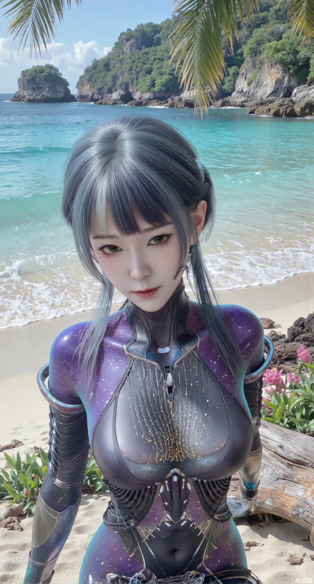 sfw,(masterpiece:1.2),best quality,absurdres,masterpiece,original,extremely detailed wallpaper,perfect lighting,Golden sandy beach covered with vibrant flowers, turquoise waves gently lapping the shore, , bright flower clusters spreading from sand to palm tree roots, soft natural light filtering through coconut leaves, ocean breeze lifting hair and qipao hem, high-resolution details showcasing petal textures and silk fabric sheen, ultra-wide angle lens capturing coastline panorama, cinematic color grading with soft focus on the central figure,(huge breasts:2.99),(full breasts:2.99),Xanmiaoyi,Xyunwangshu,XlishaoyinY,Xbaixue,XanmiaoyiY,Xxiuqiuhua,XbaiyuerongY,XyunyunX,XqingnvzongZM,Xjuzi,Xshangguanweier,XanmiaoyiXY,XyunyunXY,Xjiangziyue,Xmeining,Xweinina,Xlenhuan,Xbabata