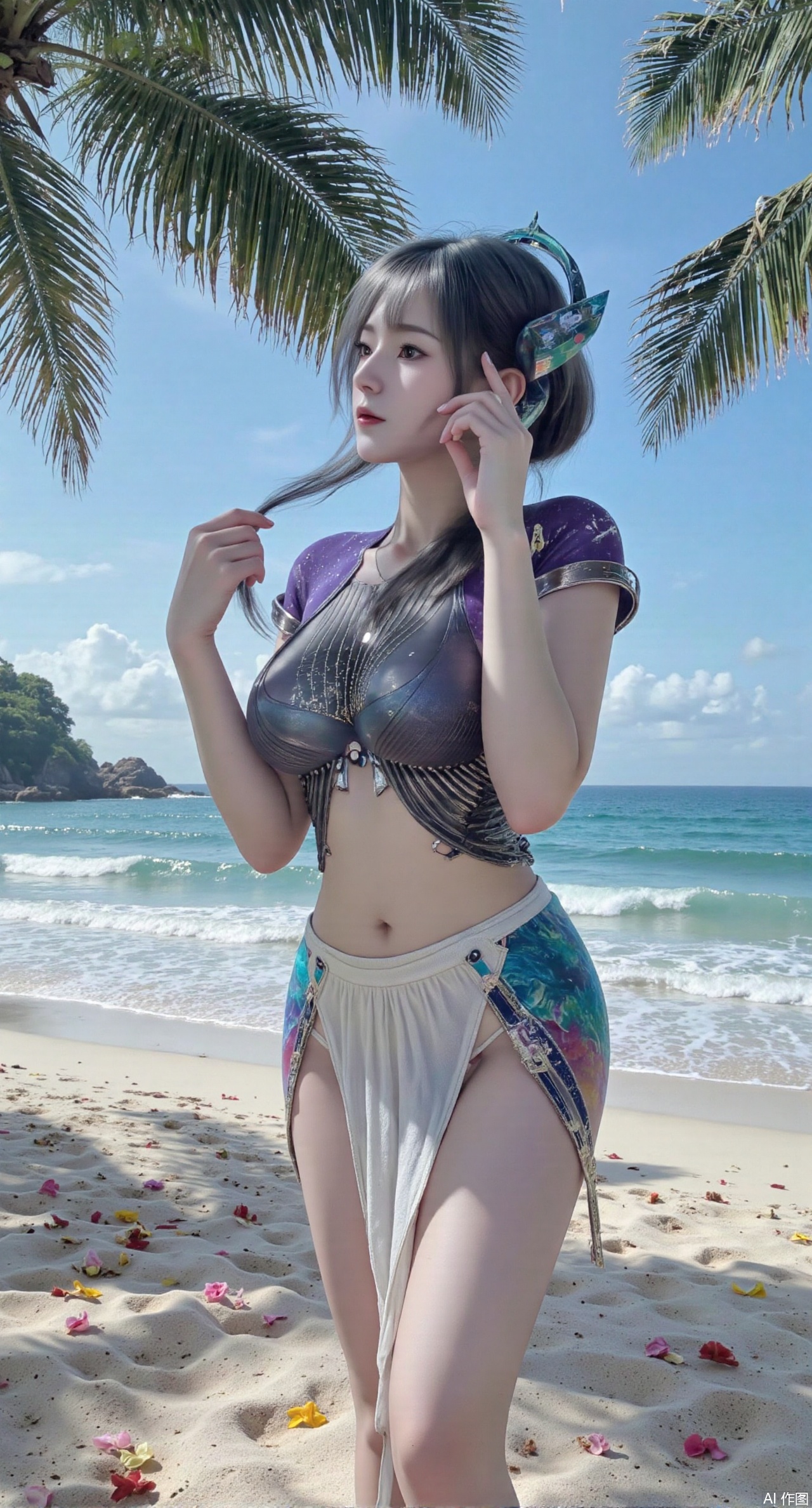 sfw,(masterpiece:1.2),best quality,absurdres,masterpiece,original,extremely detailed wallpaper,perfect lighting,Golden sandy beach covered with vibrant flowers, turquoise waves gently lapping the shore, , bright flower clusters spreading from sand to palm tree roots, soft natural light filtering through coconut leaves, ocean breeze lifting hair and qipao hem, high-resolution details showcasing petal textures and silk fabric sheen, ultra-wide angle lens capturing coastline panorama, cinematic color grading with soft focus on the central figure,(huge breasts:2.99),(full breasts:2.99),Xanmiaoyi,Xyunwangshu,XlishaoyinY,Xbaixue,XanmiaoyiY,Xxiuqiuhua,XbaiyuerongY,XyunyunX,XqingnvzongZM,Xjuzi,Xshangguanweier,XanmiaoyiXY,XyunyunXY,Xjiangziyue,Xmeining,Xweinina,Xlenhuan,Xbabata