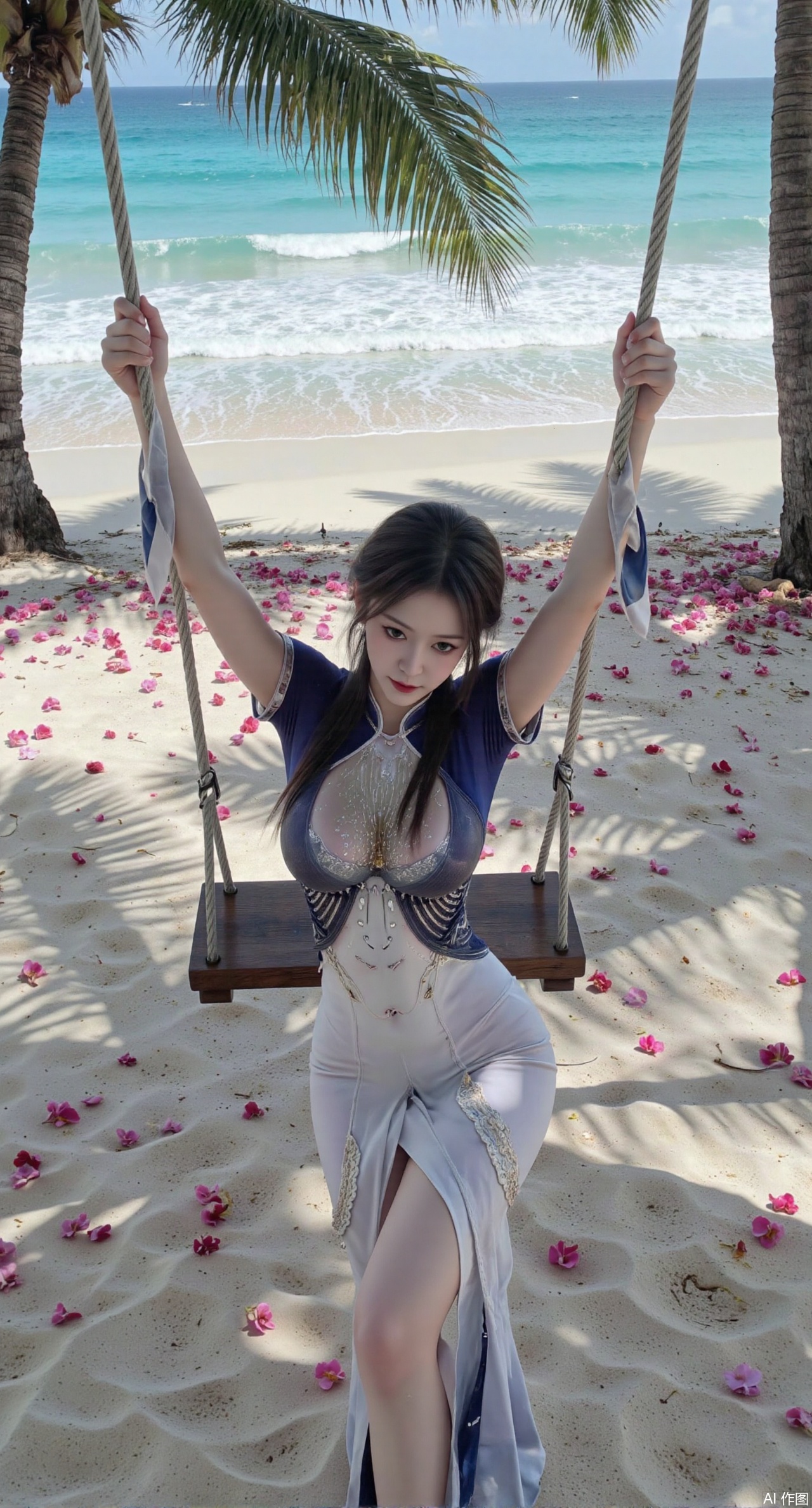 (masterpiece:1.2),best quality,absurdres,masterpiece,original,extremely detailed wallpaper,perfect lighting,Golden sandy beach covered with vibrant flowers, turquoise waves gently lapping the shore, elegant woman in embroidered qipao swinging on a wooden swing under coconut trees, bright flower clusters spreading from sand to palm tree roots, soft natural light filtering through coconut leaves, ocean breeze lifting hair and qipao hem, high-resolution details showcasing petal textures and silk fabric sheen, ultra-wide angle lens capturing coastline panorama, cinematic color grading with soft focus on the central figure,(huge breasts:2.99),(full breasts:2.99),Xanmiaoyi,Xyunwangshu,XlishaoyinY,Xbaixue,XanmiaoyiY,Xxiuqiuhua,XbaiyuerongY,XyunyunX,XqingnvzongZM,Xjuzi,Xshangguanweier,XanmiaoyiXY,XyunyunXY,Xjiangziyue,Xmeining,Xweinina,Xlenhuan,Xbabata