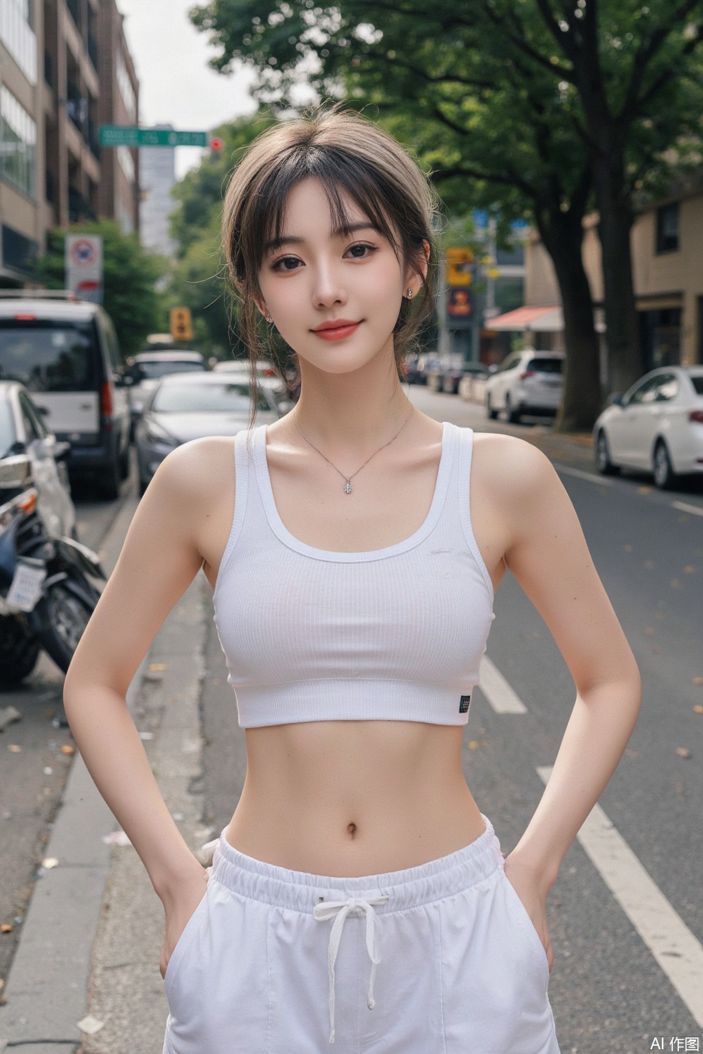 1 girl, looking at the audience, smiling, short hair, big chest, black hair, brown eyes, jewelry, standing, multi colored hair, earrings, outdoors, focusing alone, abdomen, pants, lips, crop top, perforation, ring, vest, sportswear, realistic, white pants, road, street