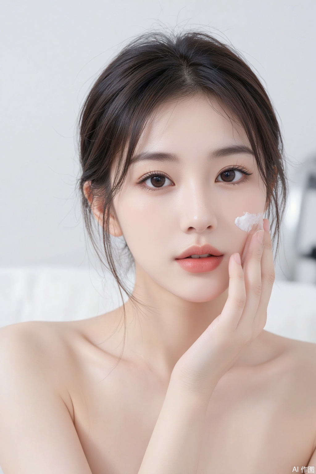 of a young Asian woman with smooth,fair skin,who appears to be in her early twenties. She has straight,dark brown hair,which is neatly tied back in a loose bun,leaving a few strands framing her face. Her eyes are almond-shaped,brown,and subtly lined with mascara,giving her a soft,natural look. Her eyebrows are neatly groomed,enhancing her youthful appearance. She has full,glossy lips,lightly colored with a natural shade of pink lipstick,and her skin glows with a radiant,healthy complexion,indicating a well-maintained skincare routine. She is applying a small amount of white,moisturizing cream to her cheek with her right hand,while her left hand gently touches her cheek,showcasing her delicate touch. The background is a clean,white surface,which creates a minimalist,serene ambiance,drawing attention to her flawless skin and delicate features. The image is highly detailed and realistic,captured with a high-resolution digital camera,emphasizing the soft,delicate textures of her skin and the smooth,glossy texture of the cream. The overall mood of the photograph is one of serene beauty and skincare.,