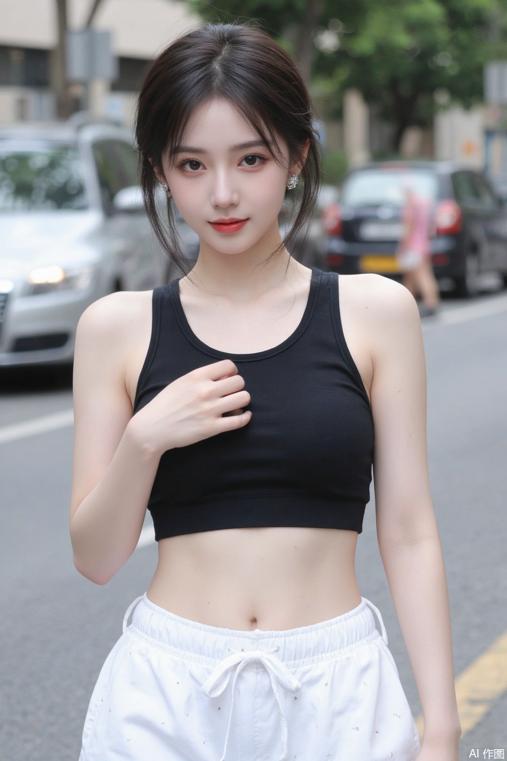 1 girl, looking at the audience, smiling, short hair, big chest, black hair, brown eyes, jewelry, standing, multi colored hair, earrings, outdoors, focusing alone, abdomen, pants, lips, crop top, perforation, ring, vest, sportswear, realistic, white pants, road, street