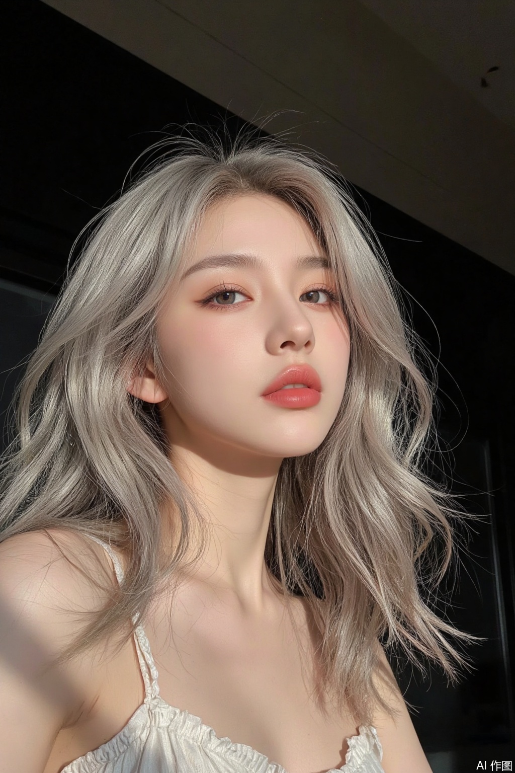 JKBB,1girl,silver hair,30 years old,beautiful,dappled sunlight,lipstick,dark background,portrait,s1_dram,