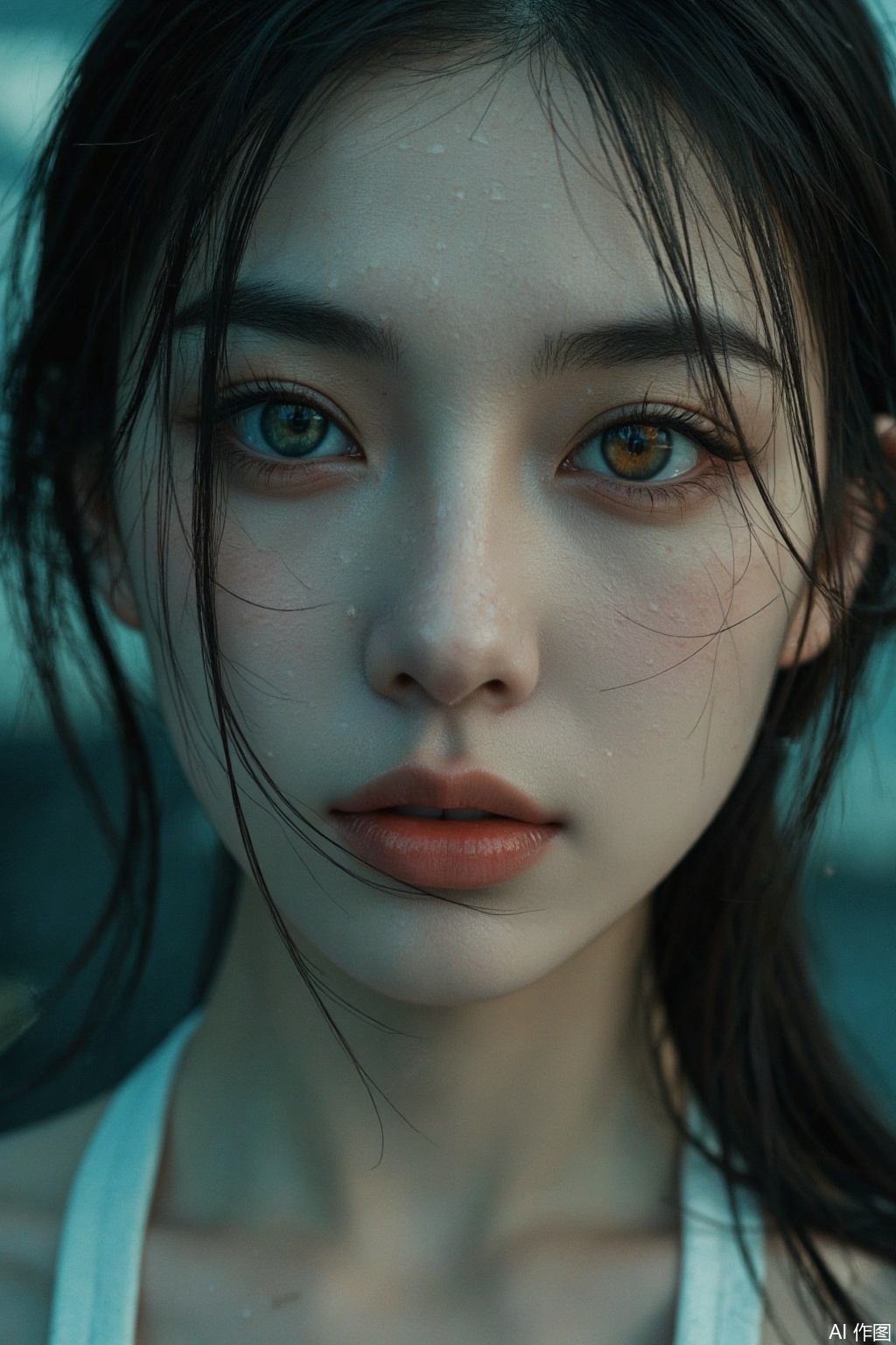 Intense gaze of woman with heterochromatic eyes, one emerald and one amber, raindrops suspended on skin creating micro-reflections, wind-swept hair forming abstract patterns against stormy background, cinematic color grading with teal and orange tones