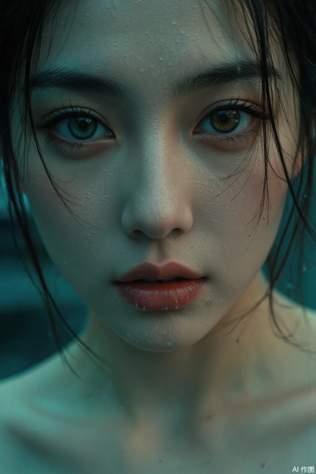 Intense gaze of woman with heterochromatic eyes, one emerald and one amber, raindrops suspended on skin creating micro-reflections, wind-swept hair forming abstract patterns against stormy background, cinematic color grading with teal and orange tones