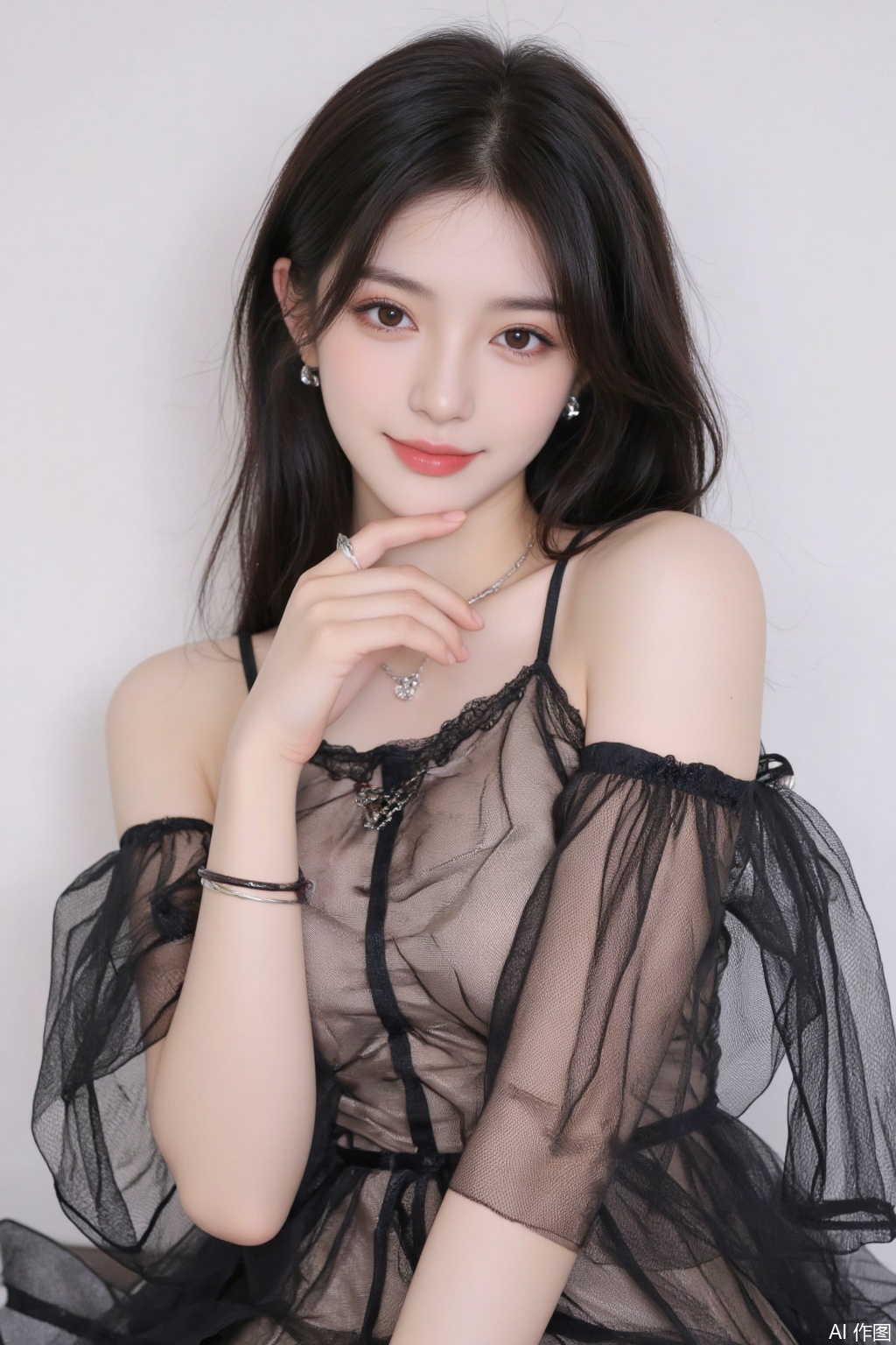 1girl, solo, long hair, smile, black hair, dress,Transparent dress, bare shoulders, brown eyes, jewelry, necklace, grin, bracelet, lips, realistic,