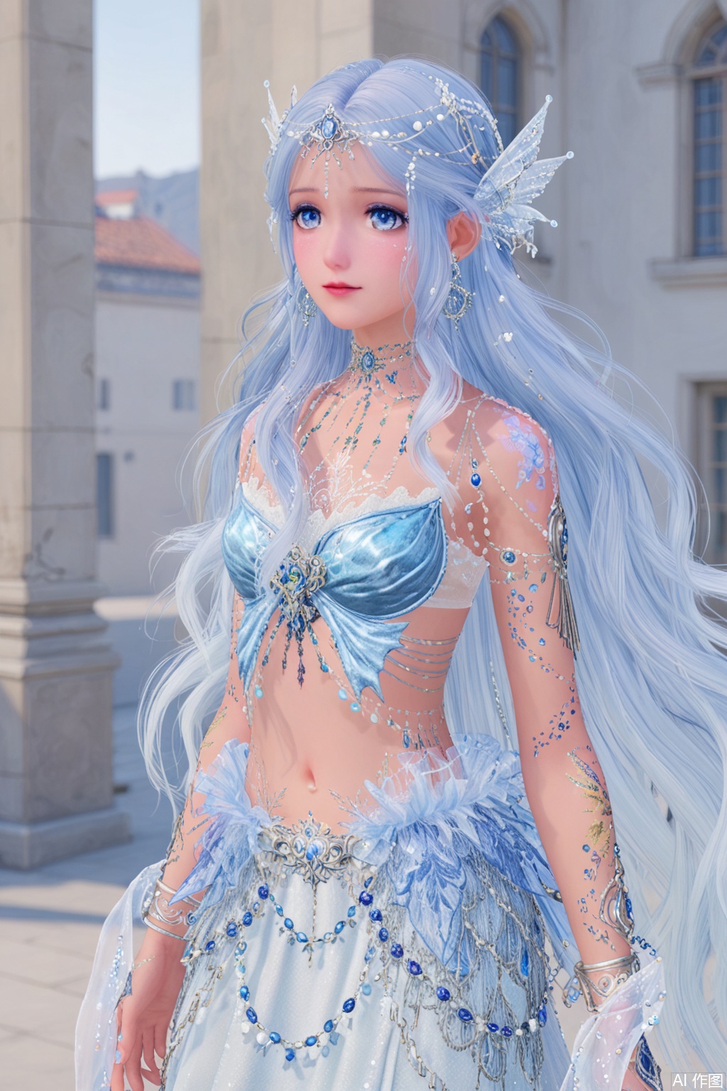 1girl,long hair,solo,jewelry,blue eyes,navel,bracelet,long skirt,upper body,midriff,white hair,skirt,dress,