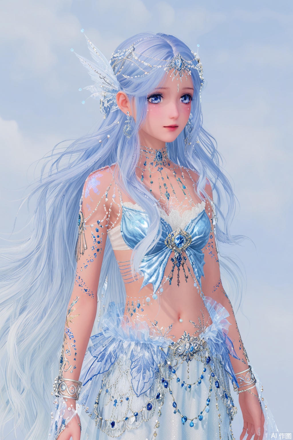 1girl,long hair,solo,jewelry,blue eyes,navel,bracelet,long skirt,upper body,midriff,white hair,skirt,dress,