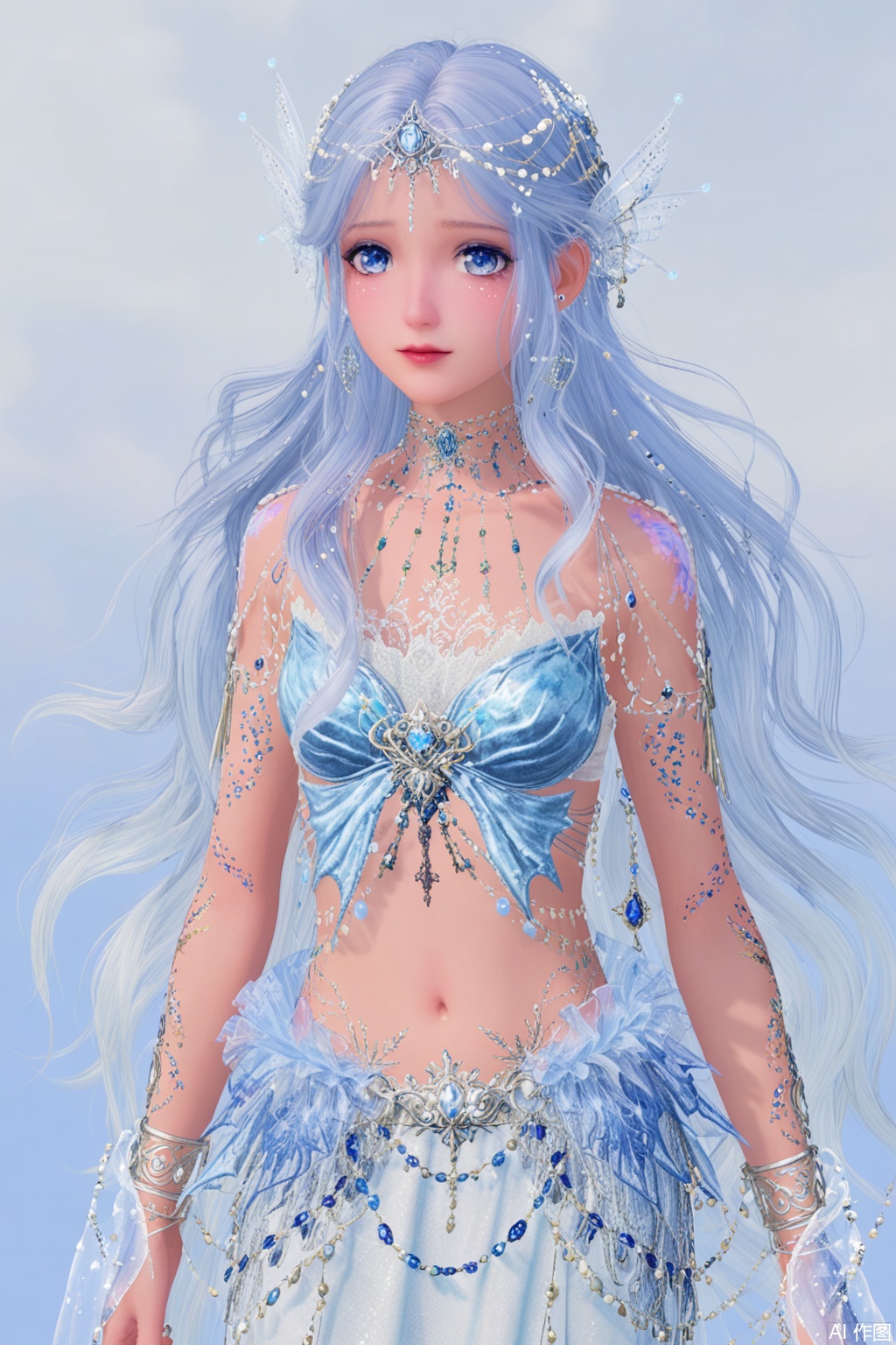 1girl,long hair,solo,jewelry,blue eyes,navel,bracelet,long skirt,upper body,midriff,white hair,skirt,dress,
