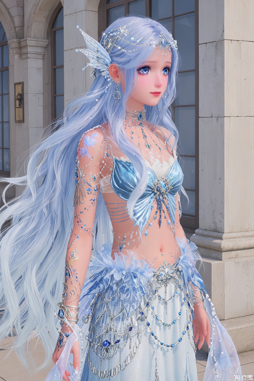 1girl,long hair,solo,jewelry,blue eyes,navel,bracelet,long skirt,upper body,midriff,white hair,skirt,dress,